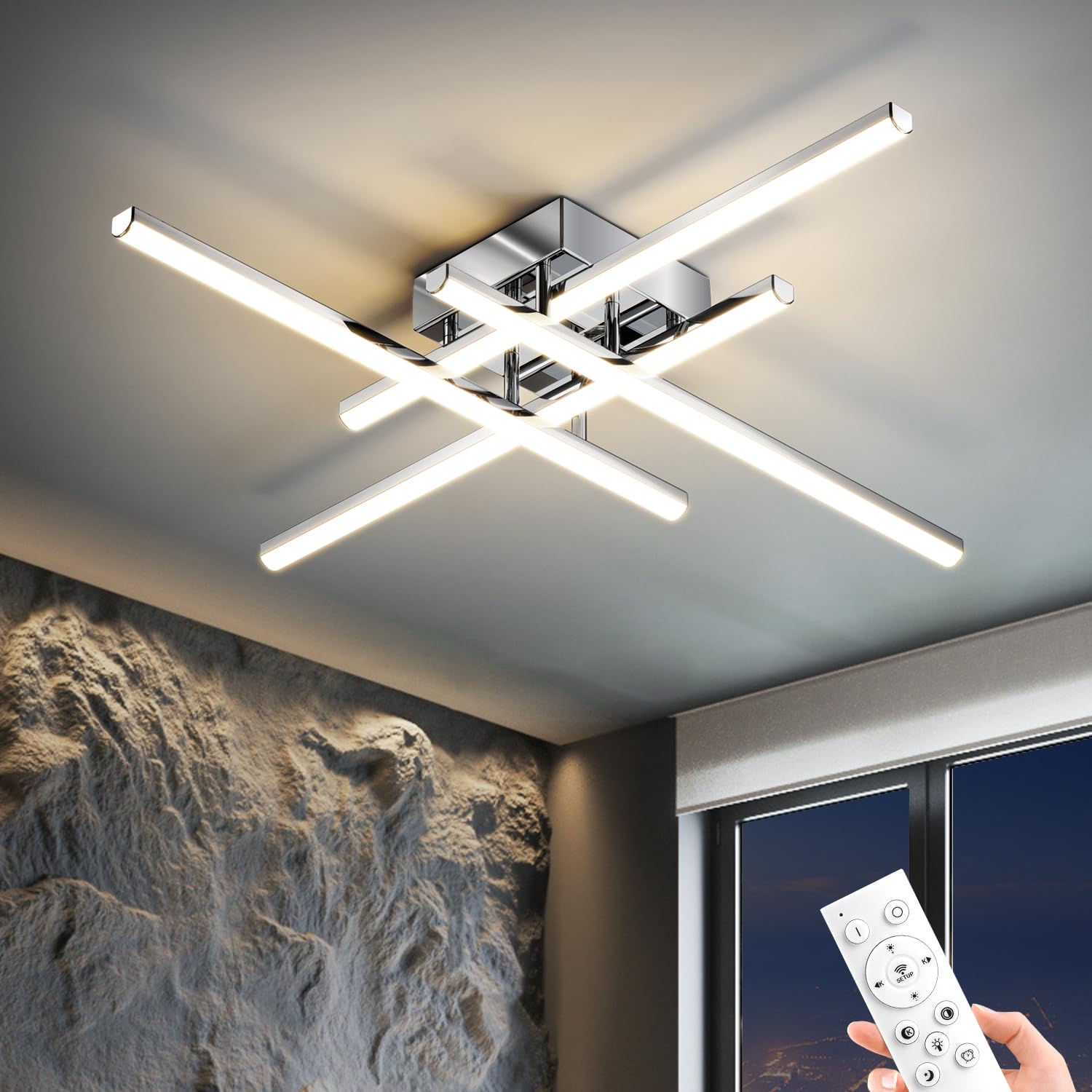 JFHTNFJ 24in Modern LED Ceiling Light, 40W Dimmable with Remote Control Semi Flush Mount Ceiling Light Fixture, Chrome LED Ceili