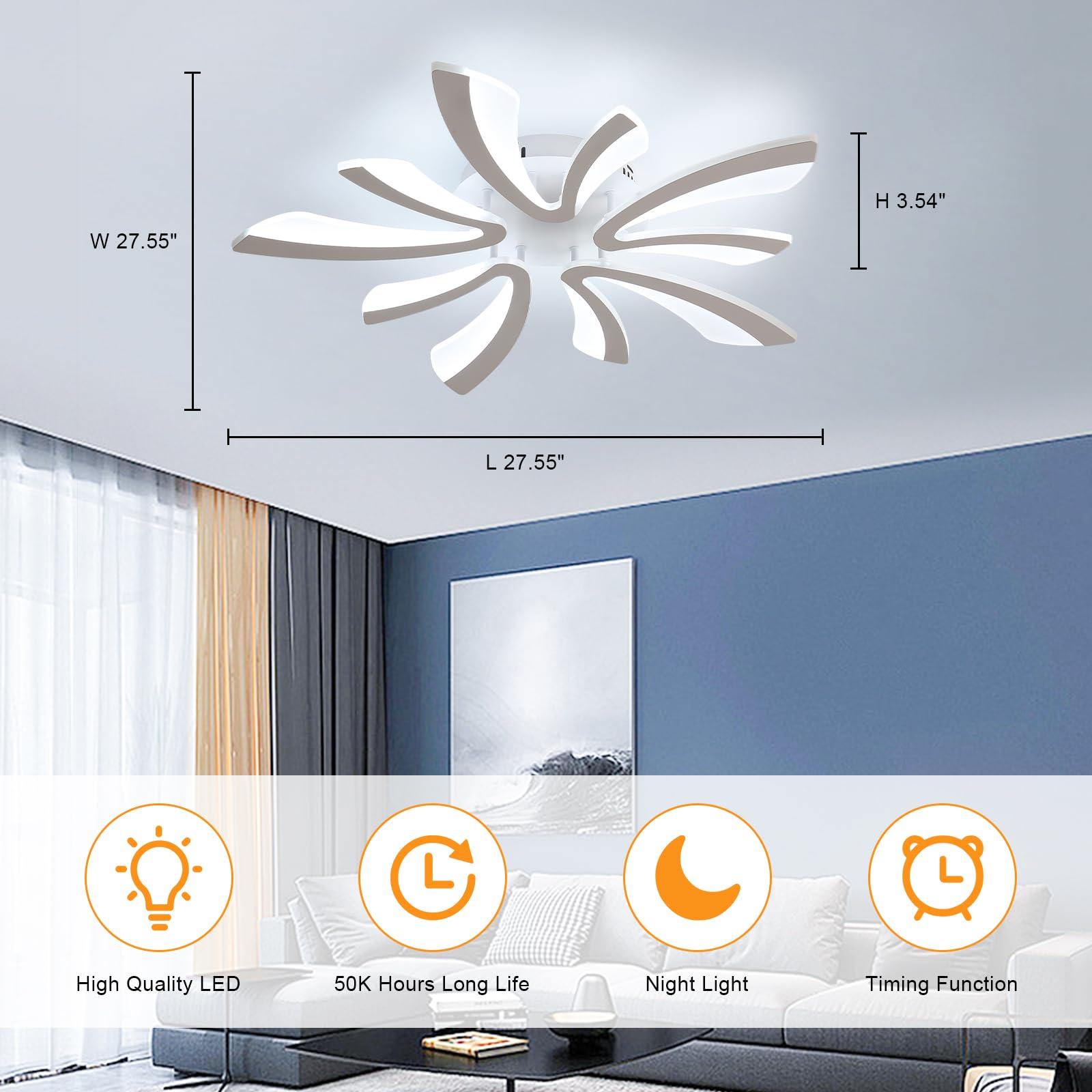Goeco Ceiling Light, Dimmable LED Flush Mount, 27.5in , White Acrylic, 5-Head V Shape, Model 30916506