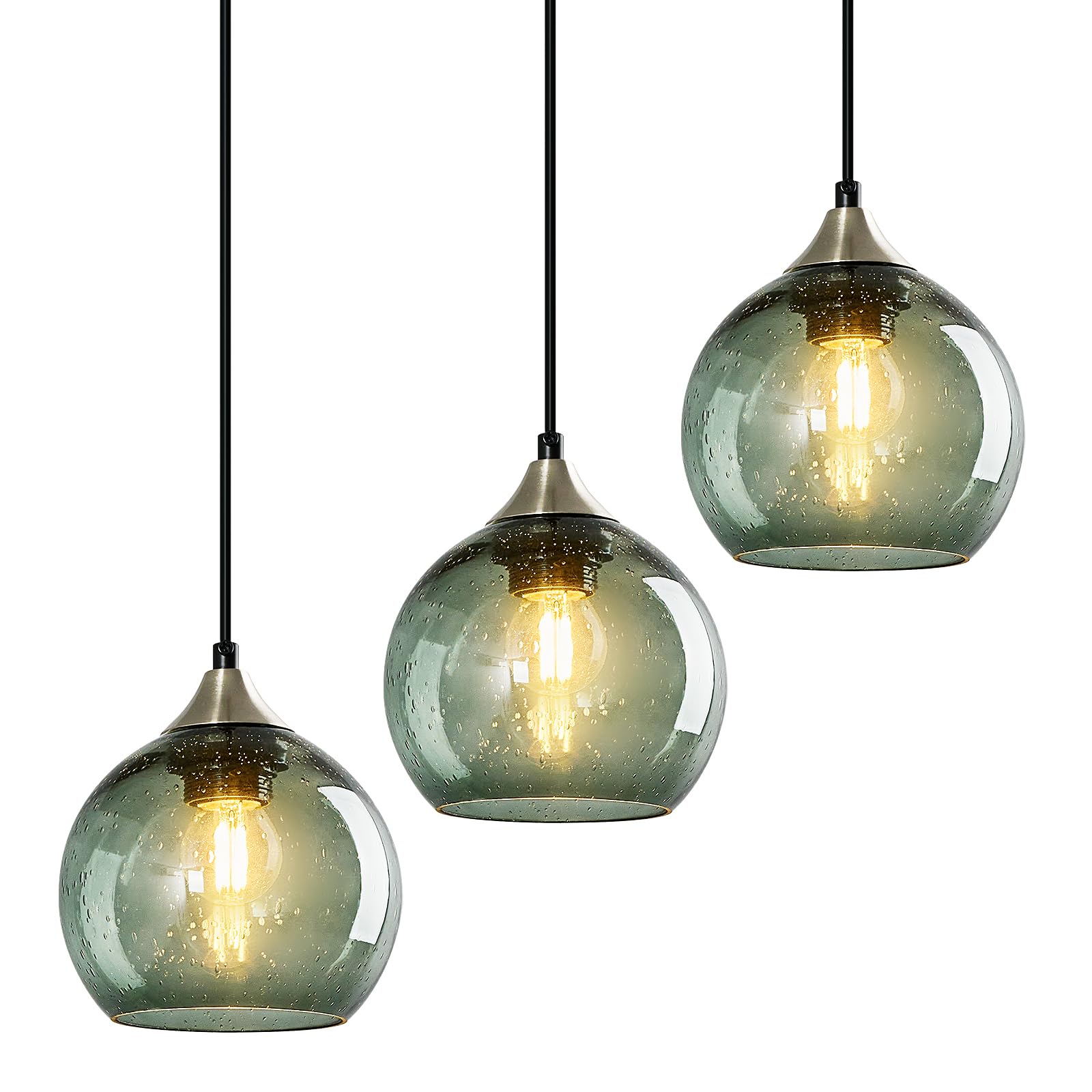 LBSQJ Glass Pendant Lights 5.9in Gray Green 3-Pack Modern Lighting Fixtures for Kitchen Island Bedroom Living Dining Room