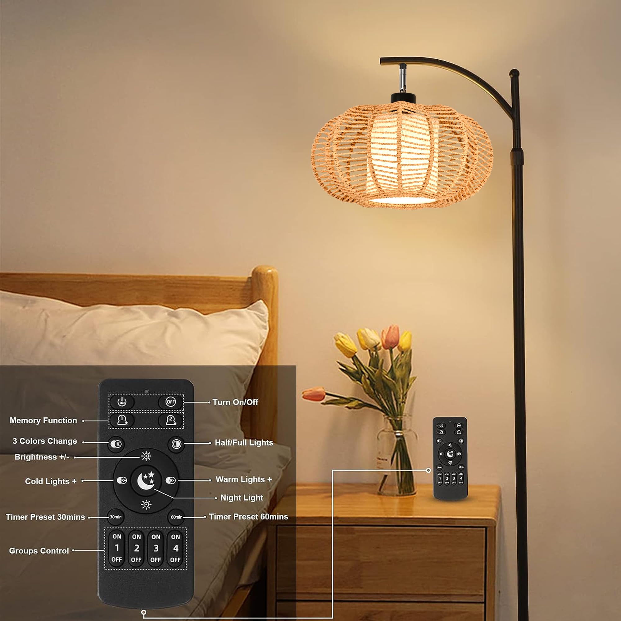 Arc Floor Lamps For Living Room Bedroom Rattan Boho Floor Lamp With Remote Control,Dimmable Floor Standing Lamp Wicker Lamp Shad