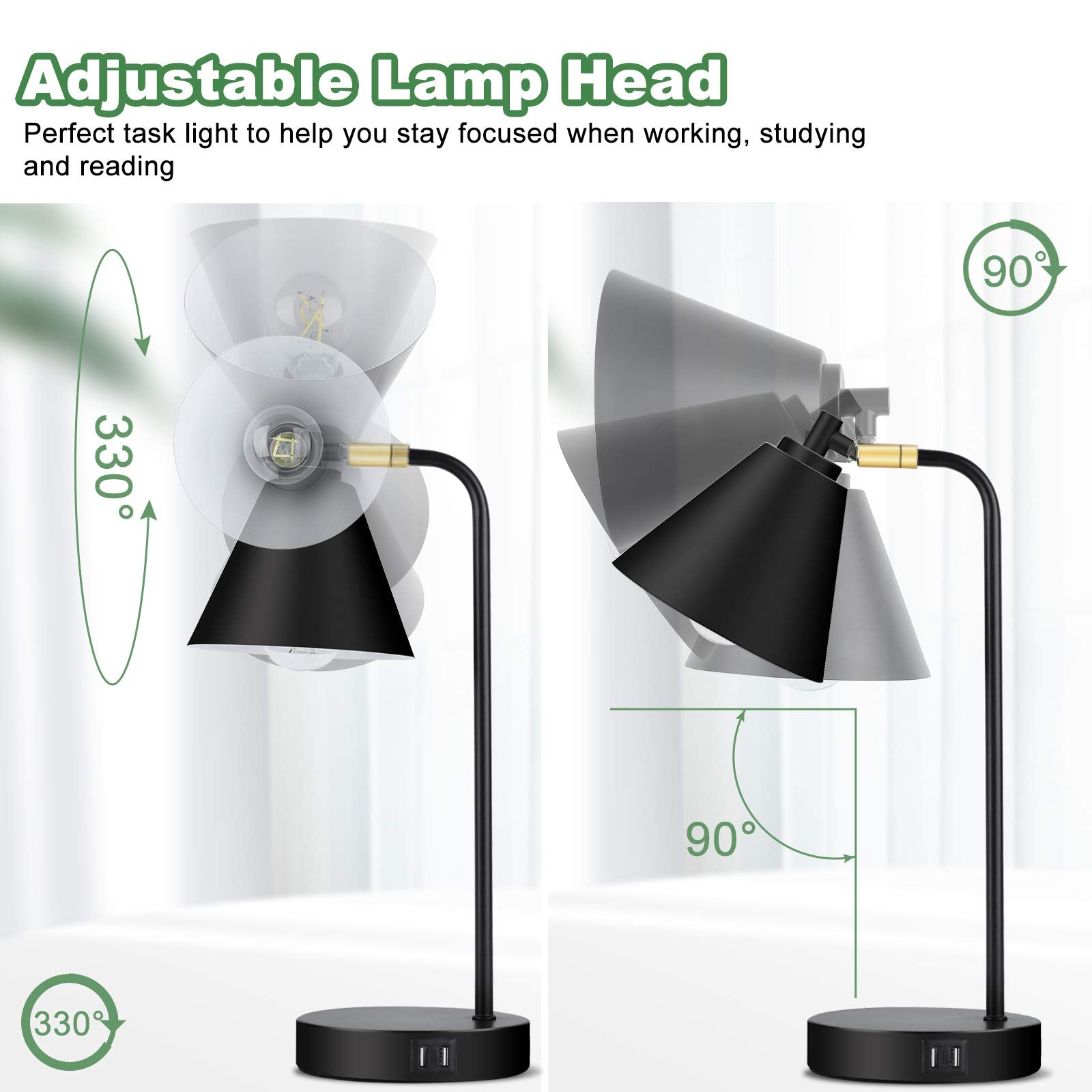 Industrial 3 Way Dimmable Touch Control Desk Lamp with 2 USB Ports & AC Outlet Bedside Nightstand Reading Lamp Flexible Head Far
