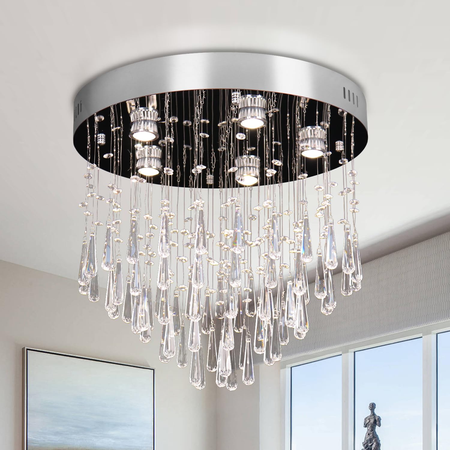 Finktonglan 5-Lights Modern Chandelier K9 Crystal Chandelier Light Fixture Modern Flush Mount Ceiling Light Fixtures Raindrop Ch