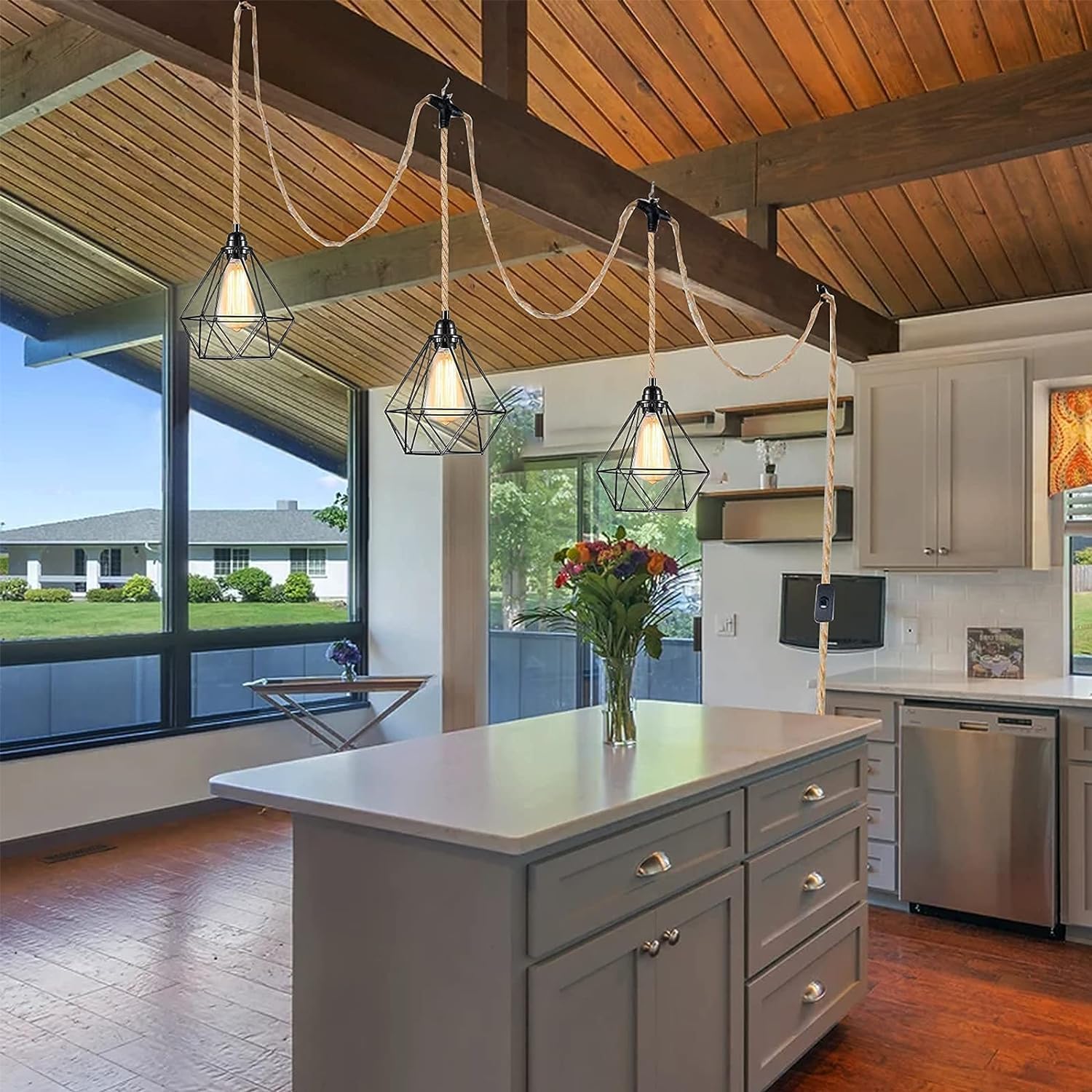 Kenmi 3-Light Hanging Light With Plug In Cord,Plug In Pendant Light 22Ft Hemp Rope Pendant Lighting Vintage 3-Light Hanging Lamp Fixtures For Kitchen Island Living Room Bedroom