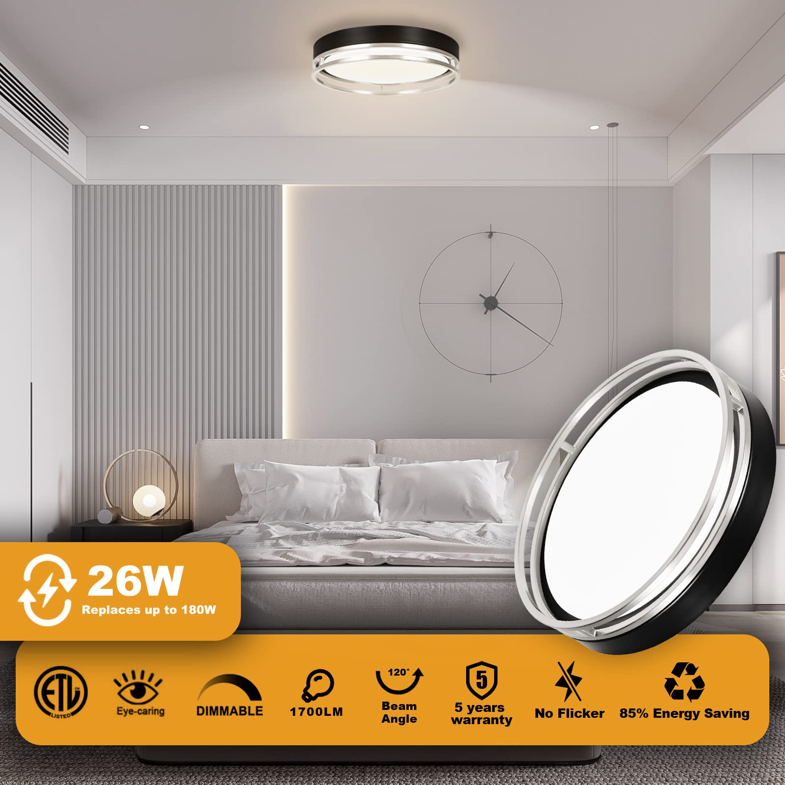 Flynix 12.5 Inch Led Flush Mount Ceiling Light Fixture, 26W, Super Bright 1700 Lumens, 3 Color 3000K/4000K/5000K, Dimmable Ceili