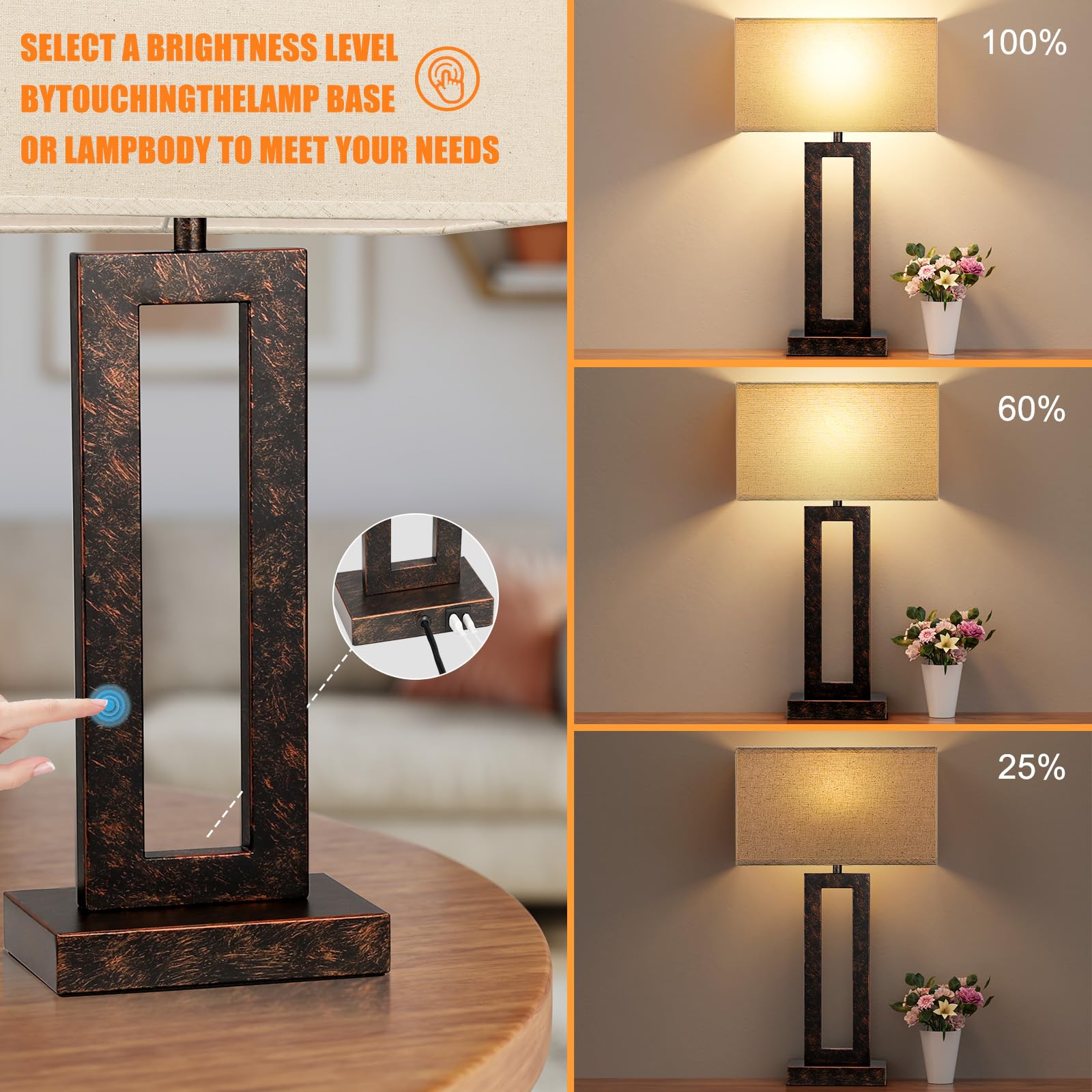22'' Tall Modern Bedside Lamps - Touch Usb C+A, 3 Way Dimmable Set Of 2 For Night Stands & End Tables (Beige & Brown)