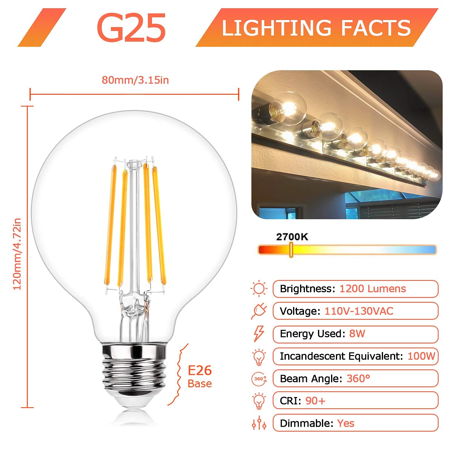 G25 Led Edison Dimmable Globe Light Bulbs 100W Equivalent 1200Lm 2700K Soft Warm White Led Vanity Light 8W E26 Medium Base Vinta