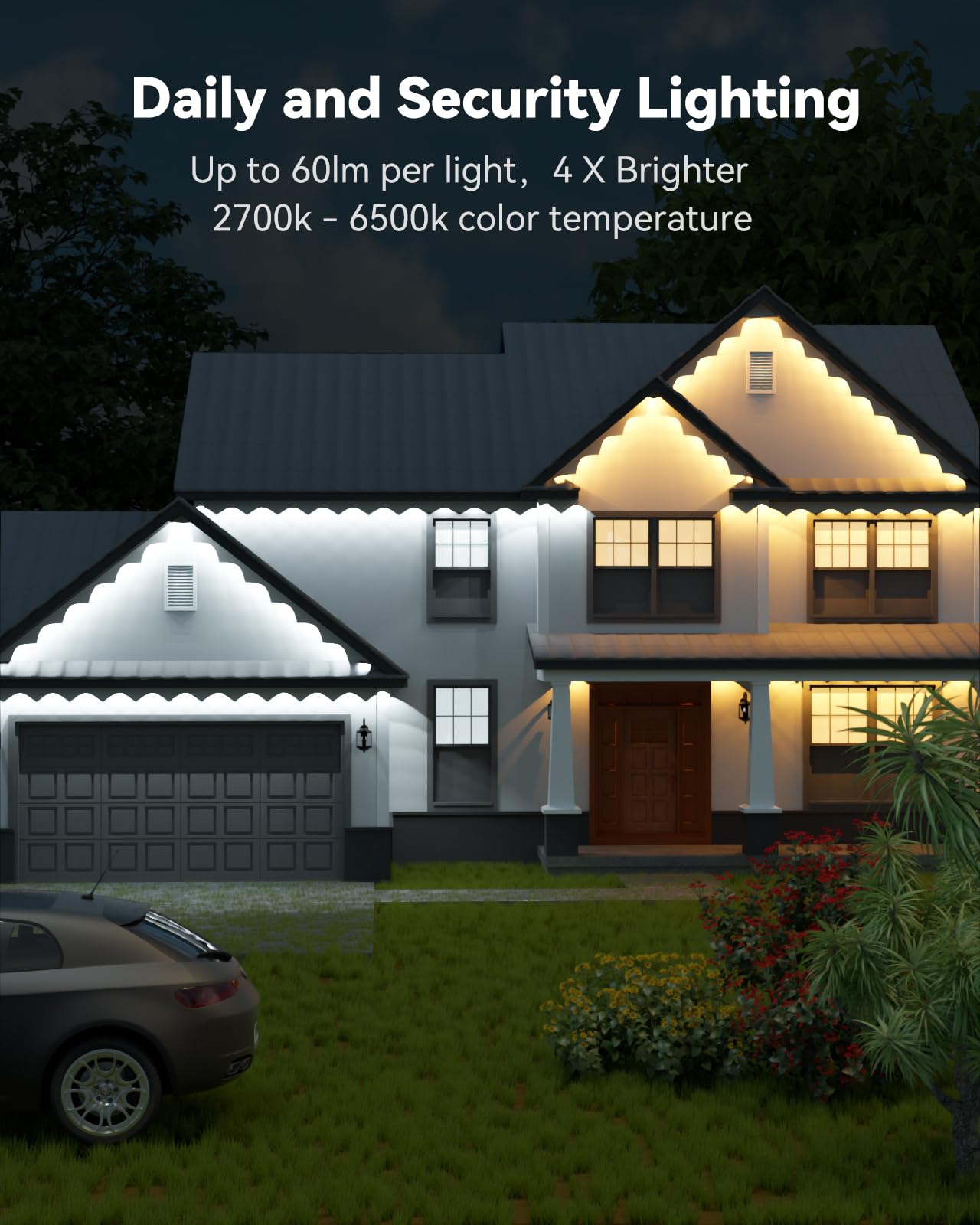 ASAHOM 100ft Outdoor LED Eave Lights, 60 RGBCW, IP67 Waterproof, 3600lm Bright, White, Model S105B