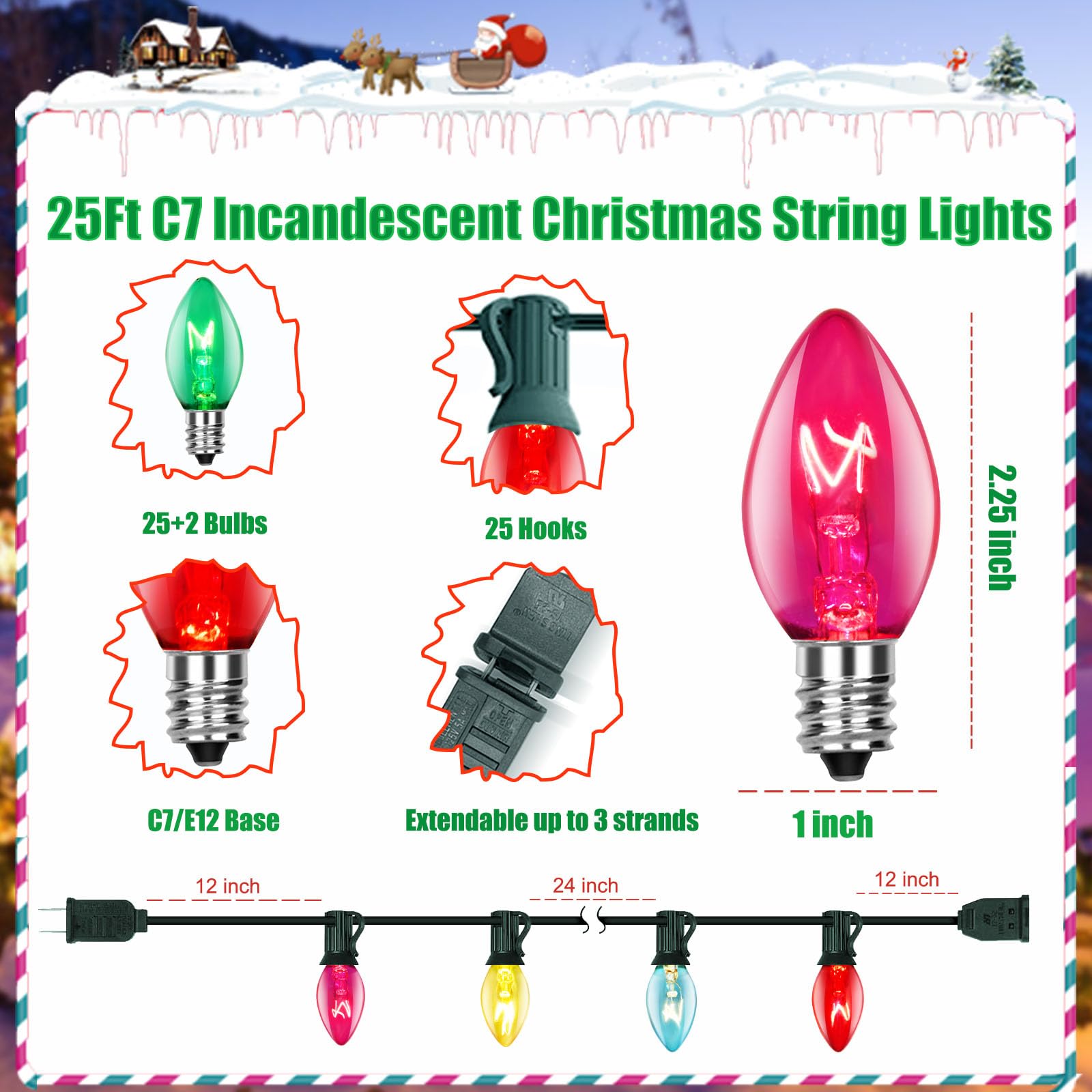 C7 Christmas Lights Outdoor, 25Ft Vintage Christmas String Lights With 27 Multicolor Clear Bulbs, Hanging Christmas Decorations