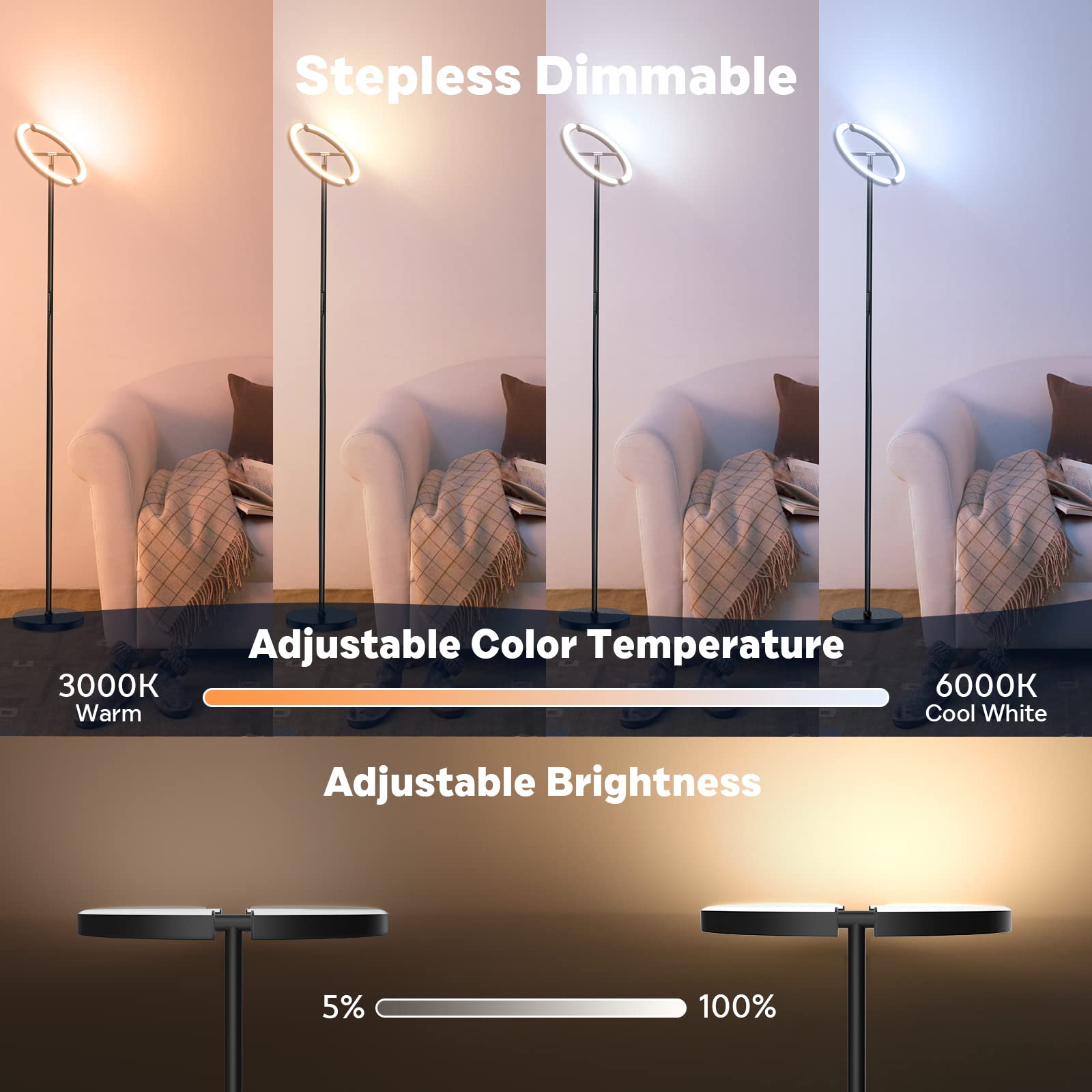 SIBRILLE RGBCW Floor Lamp - Color Changing, Dimmable LED, Remote Control, Rotatable, Black with RGB, Upgraded Size