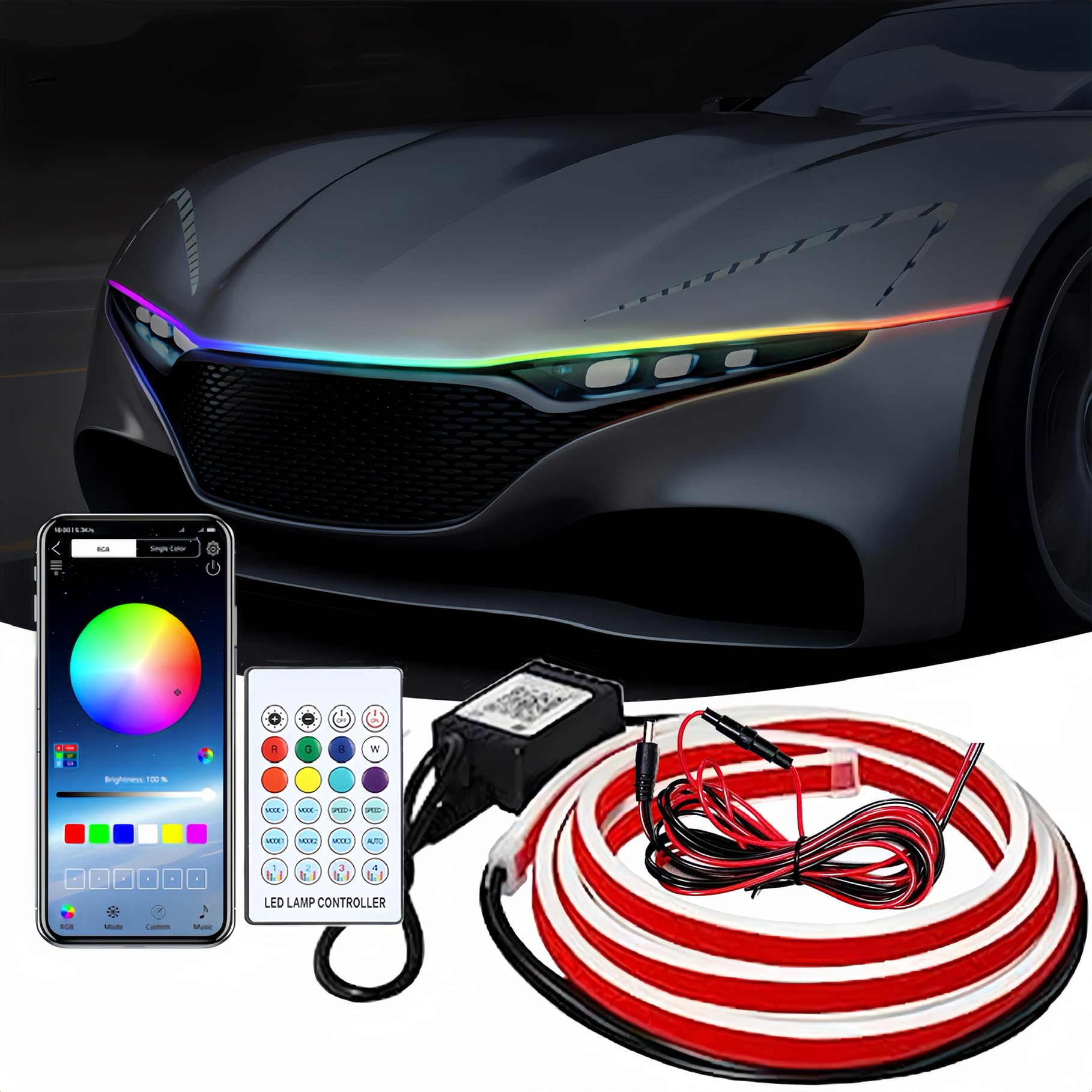 Tockmoon Car LED Hood Lights, Multicolor 120 Modes, 79 Inch, 12V, Model ct001