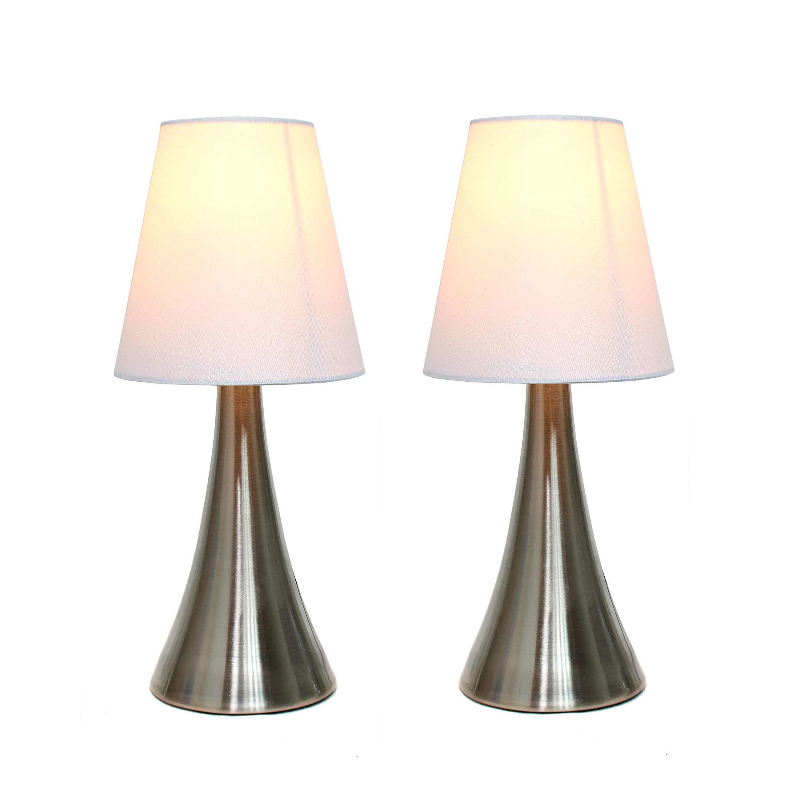 Simple Designs Lt2014-Wht-2Pk Brushed Nickel Mini Touch Table Lamps, Fabric Shades, Pack Of 2, White