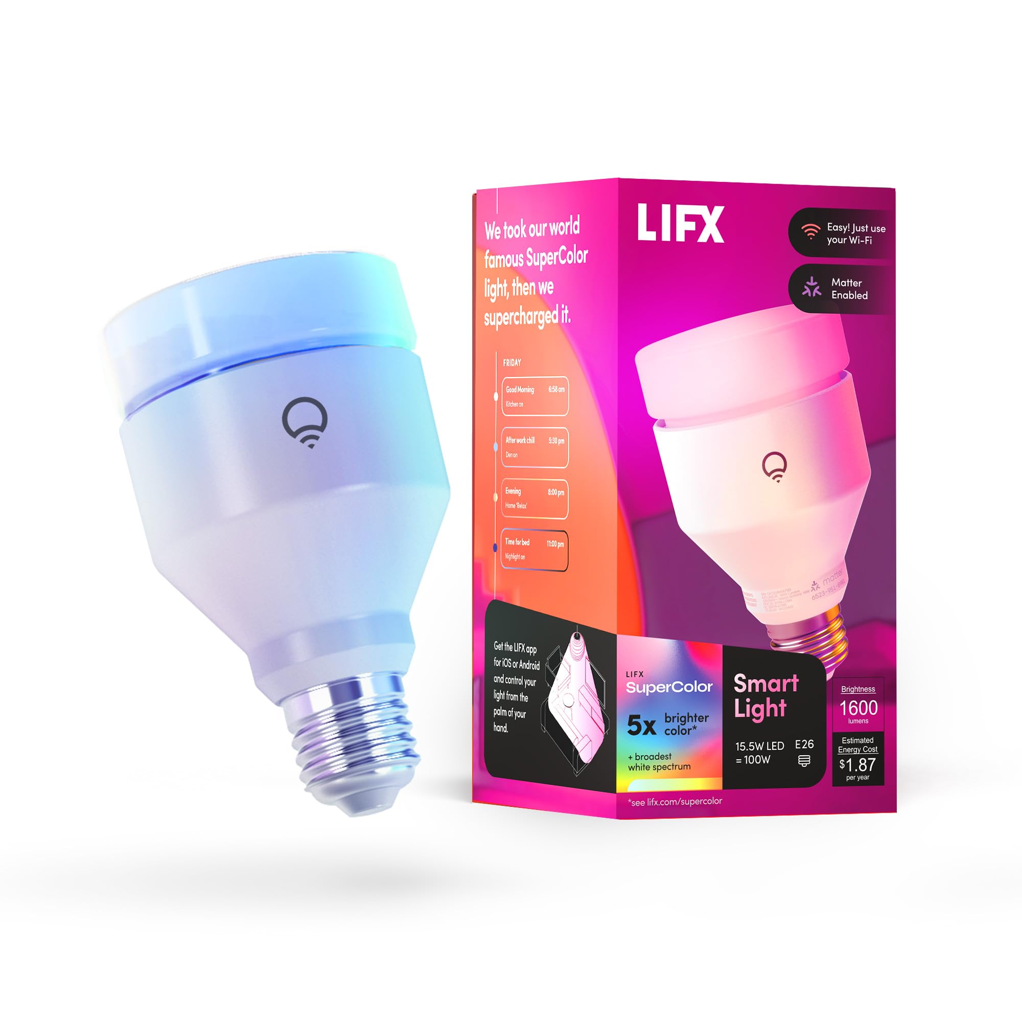 LIFX Supercolor A21 Smart Light Bulb, 1600 Lumens 100W Equivalent, Color Changing RGB + Tunable White, Dimmable E26, Matter Comp