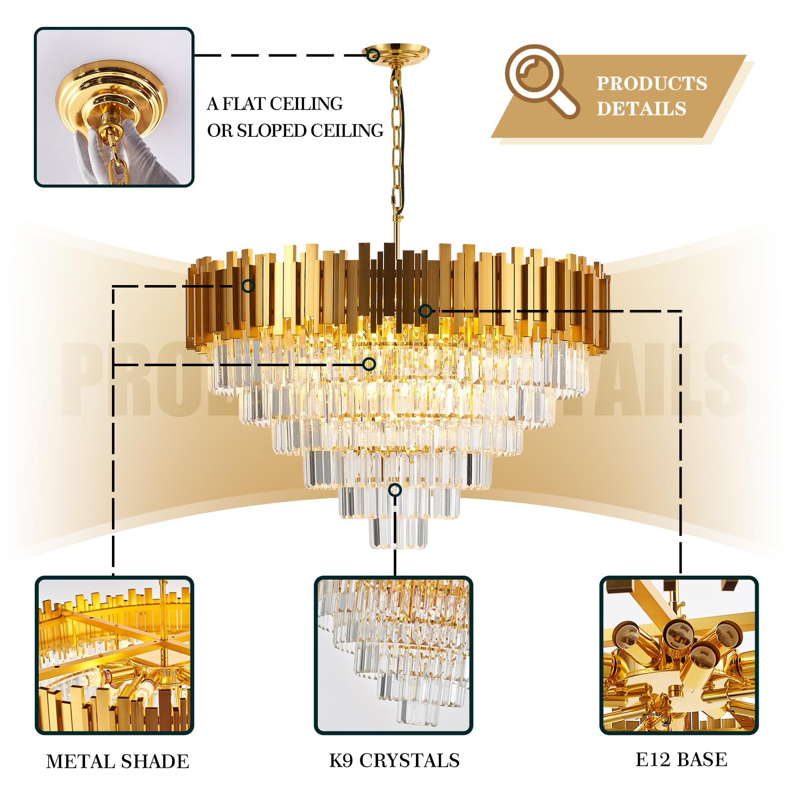 Brfaixla 18-Lights 6 Tiers Gold Crystal Chandeliers stylish 31.5 Modern Crystal Pendant Chandelier Round Hanging Lighting For Living Room Foyer High Ceiling Bedroom Restaurant