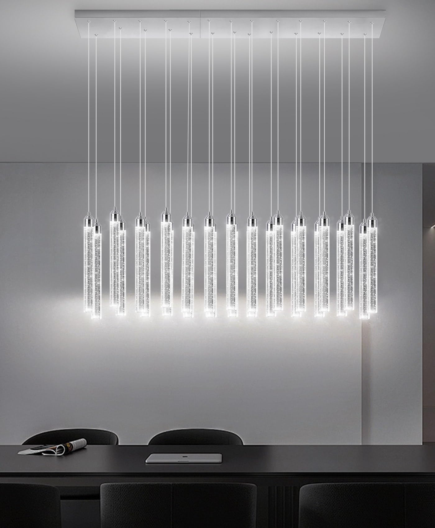 Dolria Rectangular 26-Light LED Dimmable Chandelier Fixture, Silver Metal for Entryway, Living Room, Foyer, Hallway, Model PC0008-CT-26Y