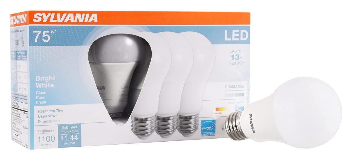 Sylvania Led Light Bulb, 75W Equivalent A19, Efficient 12W, 13 Year, Dimmable, 1100 Lumens, Frosted Finish, Bright White - 4 Pac