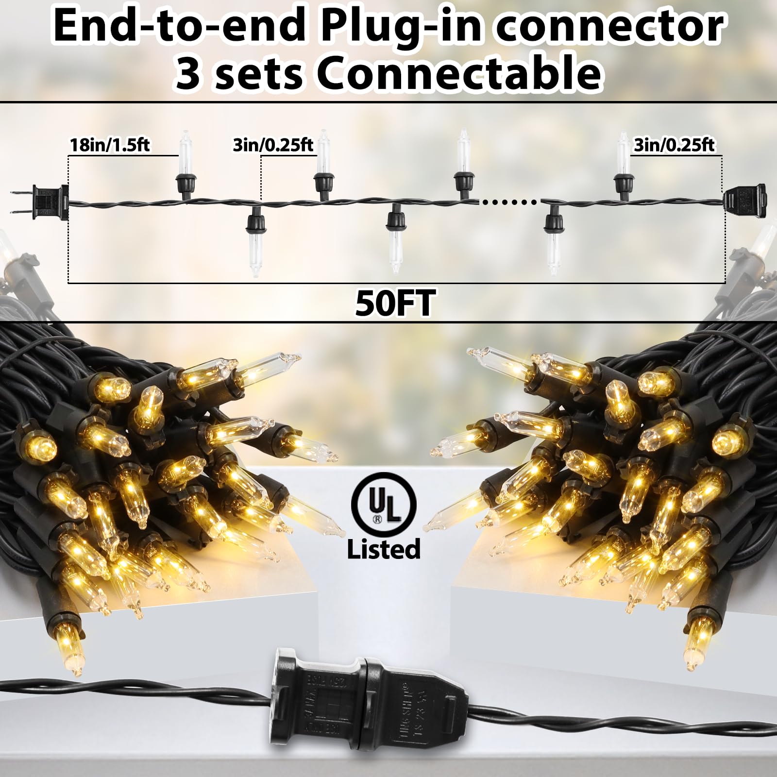 CXLHO 50FT Warm White Christmas Lights, 200 Count Mini Incandescent Bulbs with Black Wire for Indoor & Outdoor Holiday Decoration