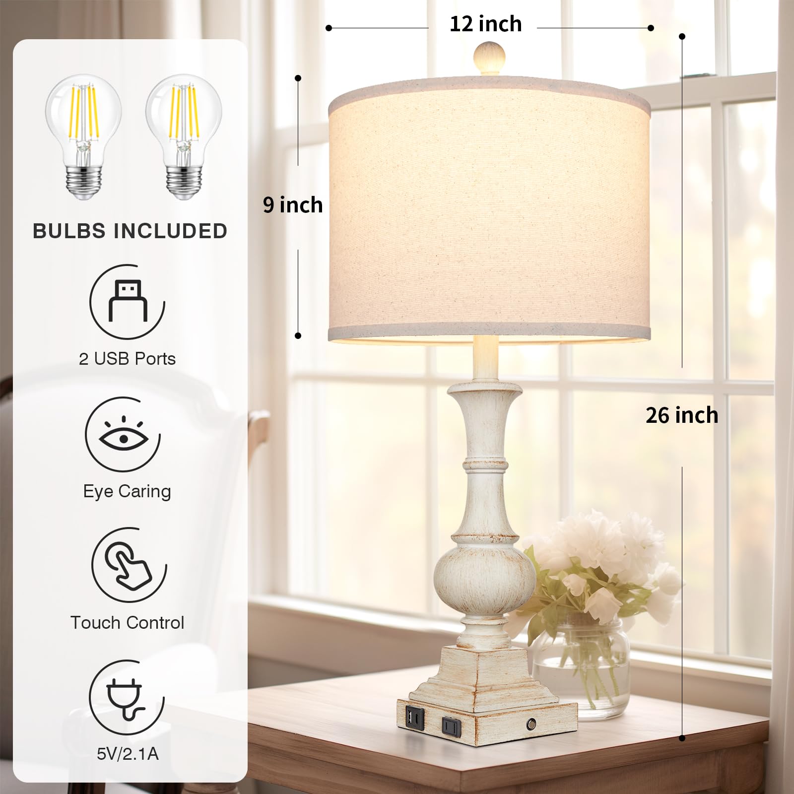 26'' Farmhouse Table Lamp, Vintage Rustic Touch Control Bedside Lamp With 2 Usb Ports & Ac Outlet, Boho Resin 3-Way Dimmable Nig