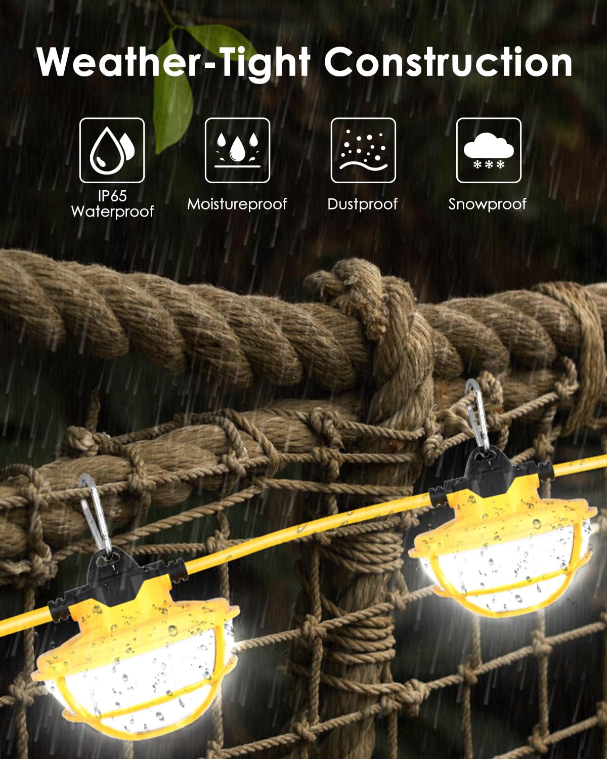 100Ft Led Construction String Lights - 3 Prong, 130W 16000Lm Plug In Linkable String Work Lights, 5000K Weatherproof Temporary L