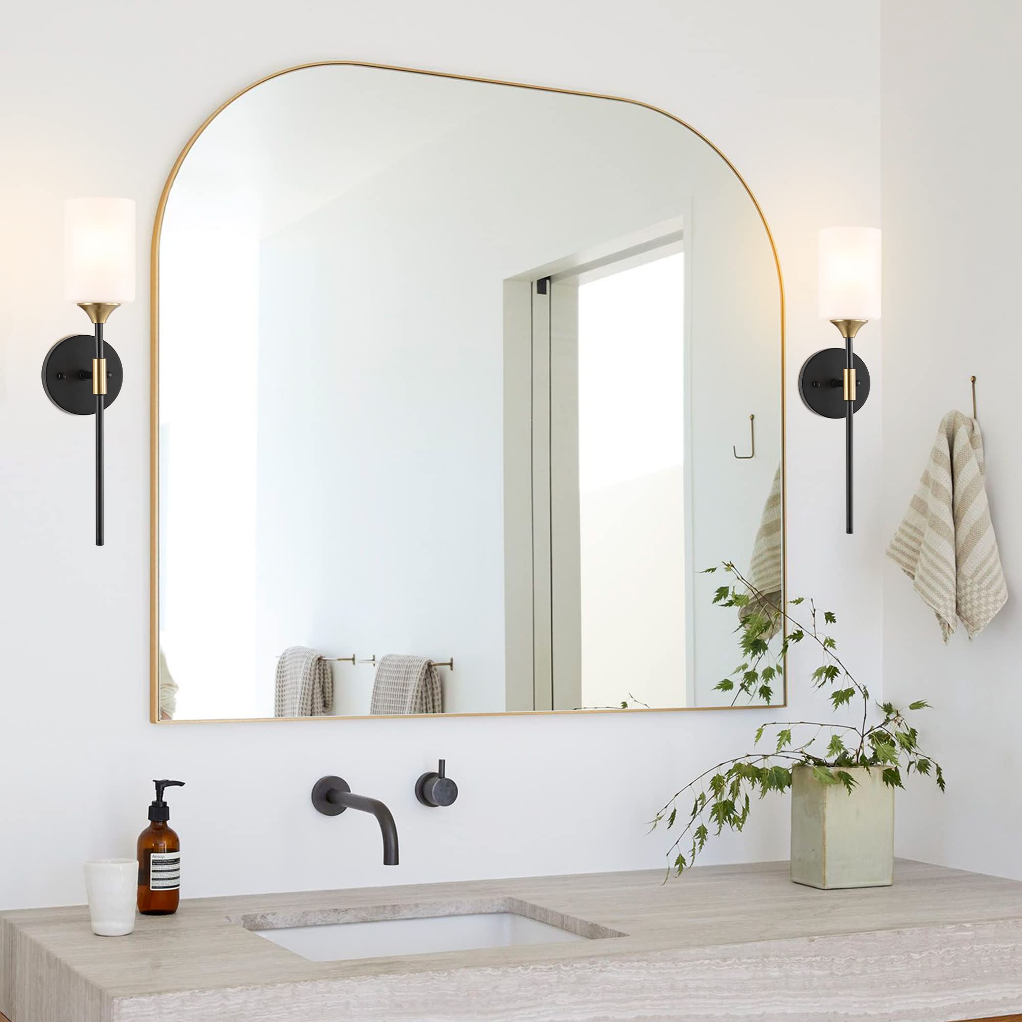 Byoliima Industrial Mid Century Wall Sconce Set Of 2 With White Cylinder Glass Shades Modern Bathroom Vanity Wall Lamp Black And