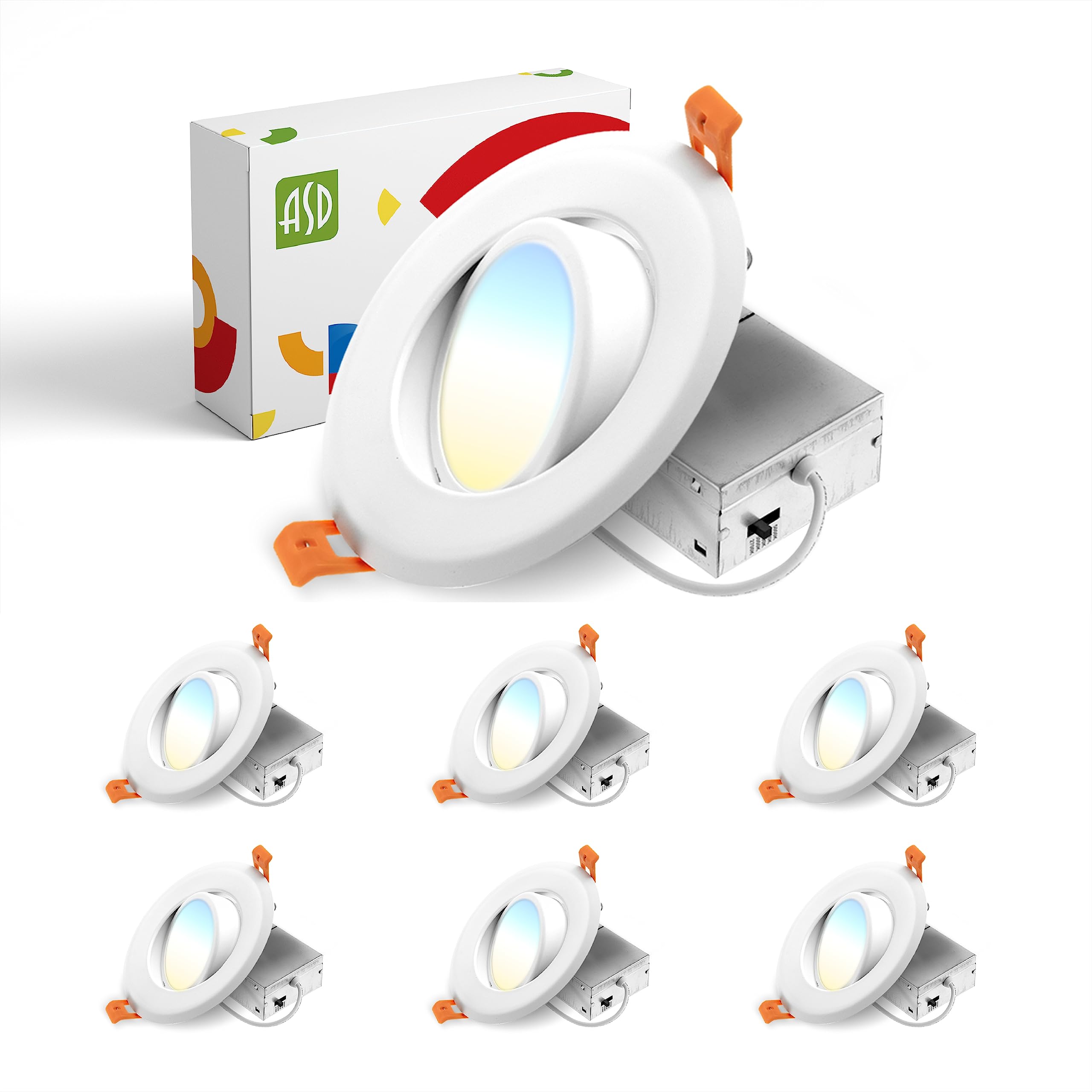ASD 4 Inch Gimbal LED Recessed Light with Junction Box, 12W 842Lm, 2700K/3000K/3500K/4000K/5000K Adjustable Directional Lighting