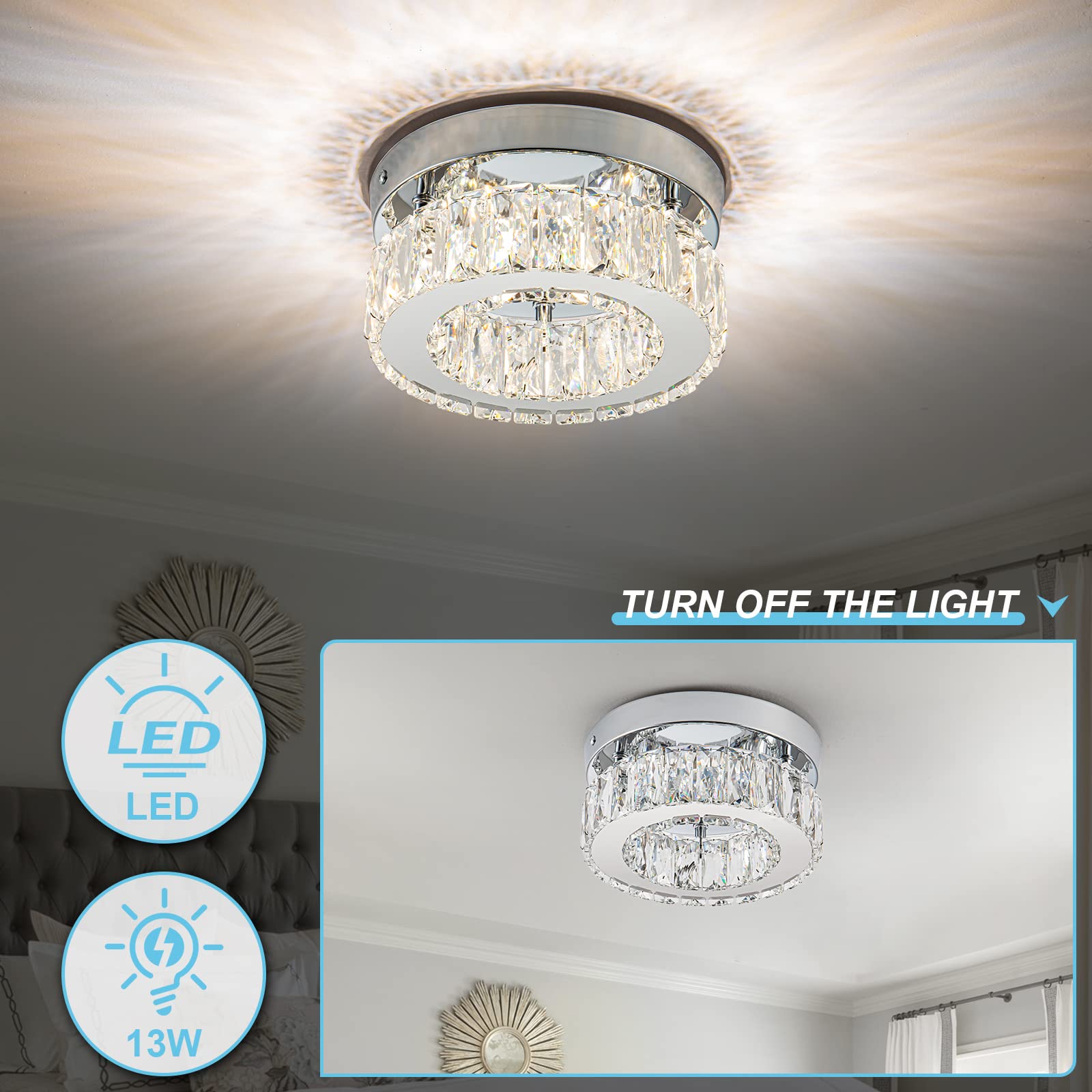 Homlaiting Mini Modern Crystal Chandeliers Led Flush Mount Light For Bedroom Kitchen Office