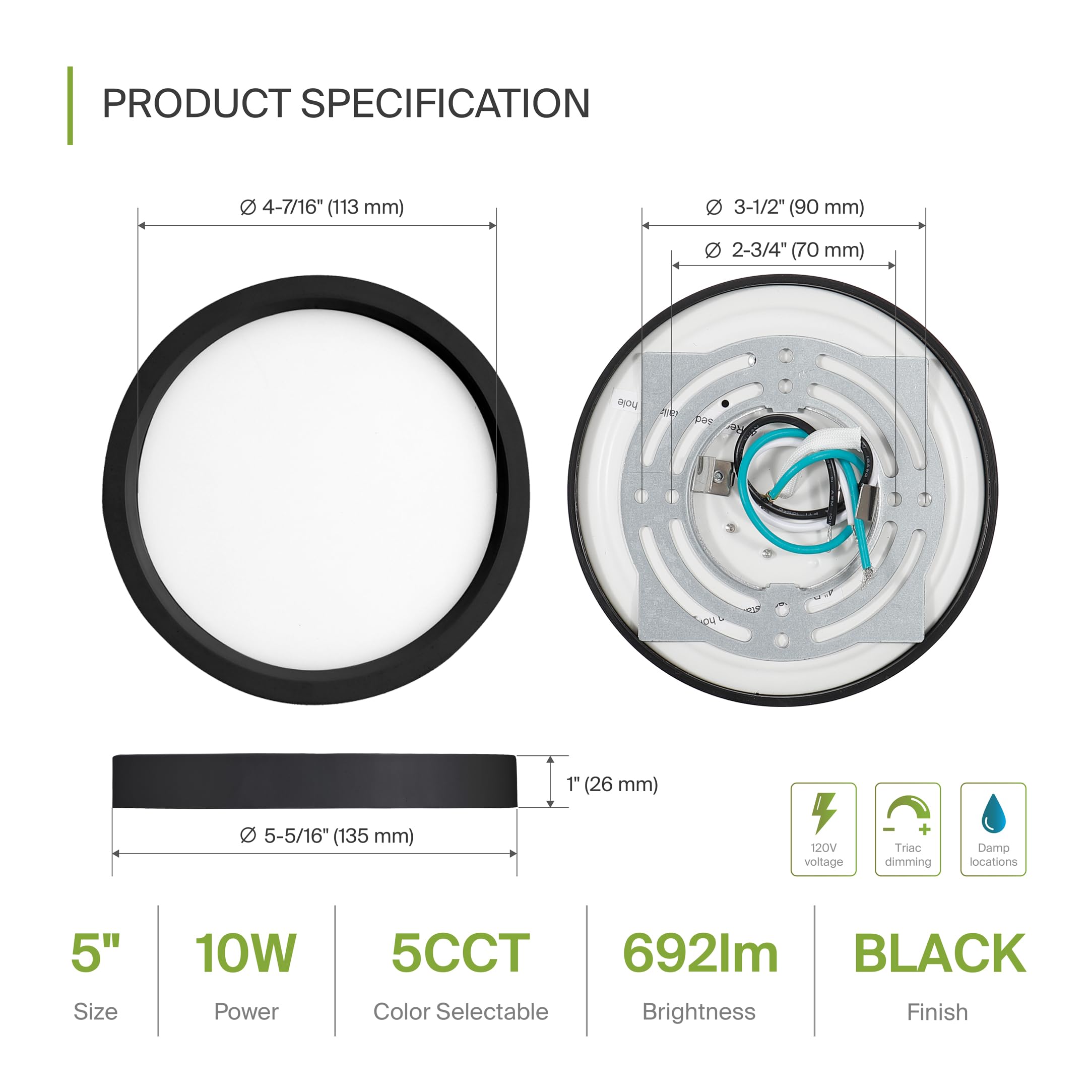 ASD LED Ceiling Light Fixture | 10W 700LM | 2700-6000K | 5in Round | Black | 12 Pack | Dimmable, ETL Listed
