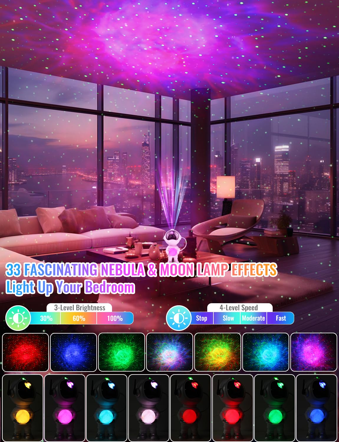 3 In 1 Star Projector With 8 Color Moon Lamp, Astronaut Galaxy Projector, Remote & Timer, 33 Light Effects Led Nebula Night Ligh