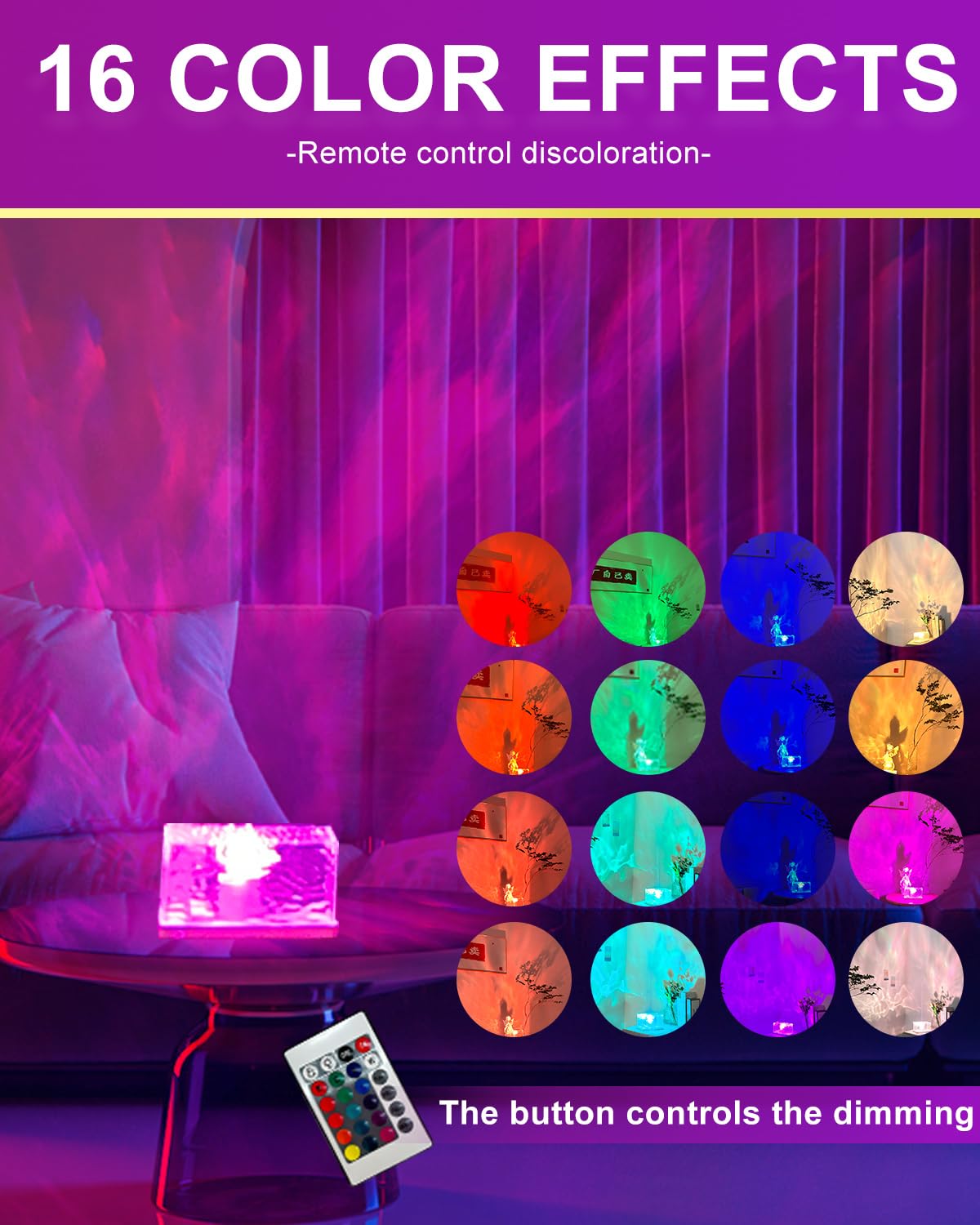 KIANDQU Rotating Water Wave Lamp Projector,Ocean Wave Light Projector,Crystal Night Light Lamp Touch Control,16 Colors RGB Light