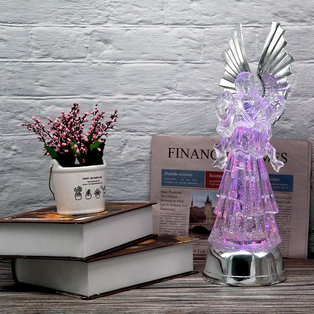 Wondise 14'' Color Changing Lighted Water Lamp With 6 Hour Timer, Battery Operated Led Angel Lights Swirling Water Glitter Chris