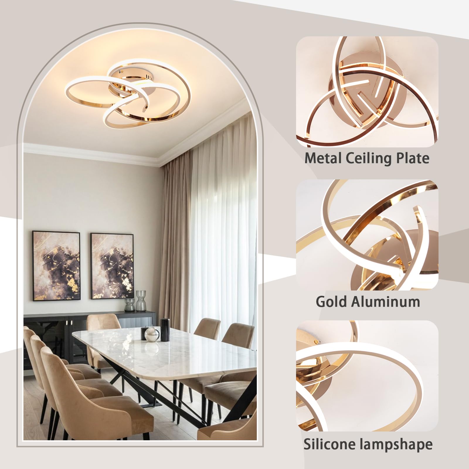 CANEOE Modern LED Ceiling Light Fixture, 42W, Dimmable, Remote Control, Curve Design, Rose Gold, Model CL-3BHFGJ-D