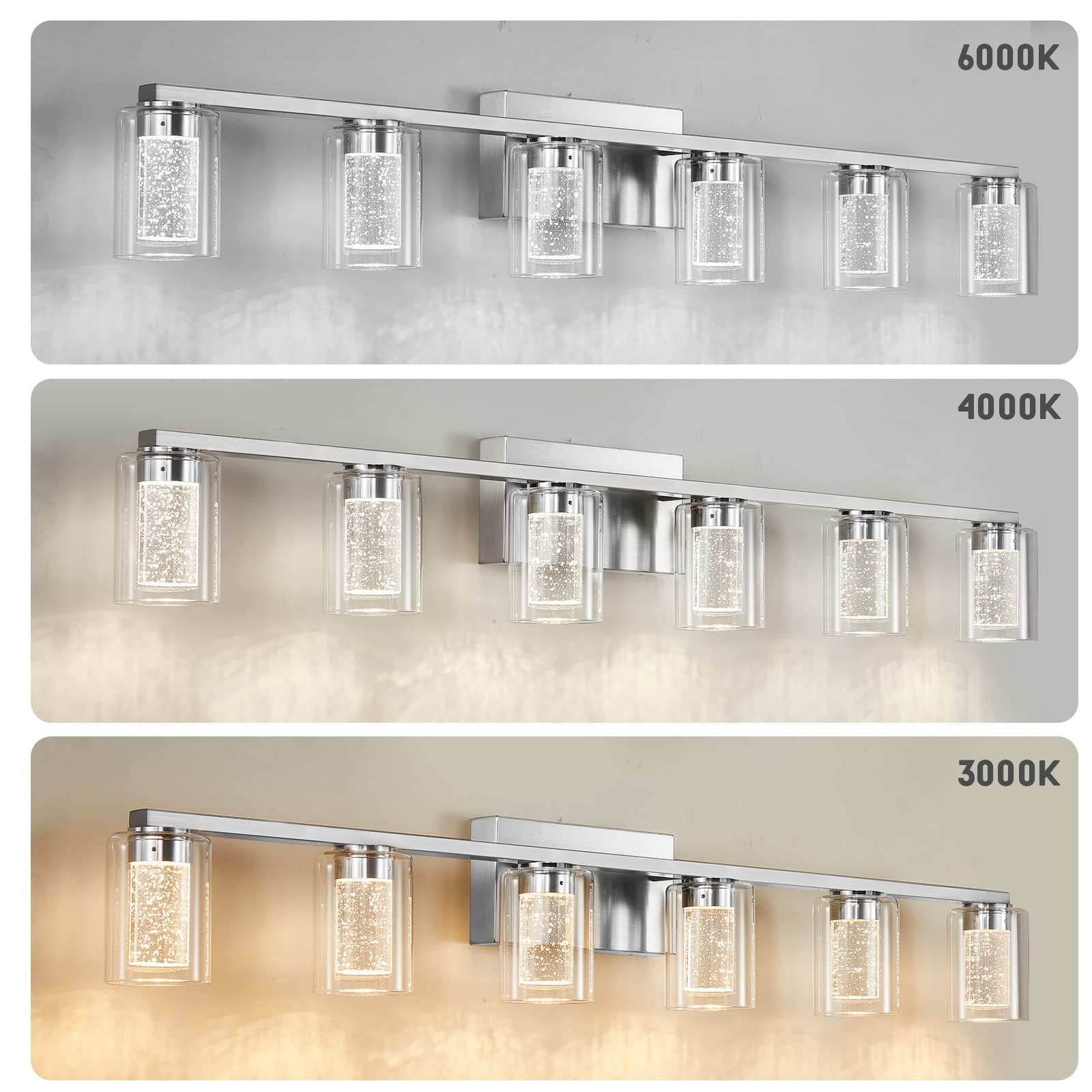 SADENICEL 6-Light LED Vanity Light Fixtures, Brushed Nickel, Metal, Model YC-B90-042-20-SB, for Bathroom, Bedroom, Living Room