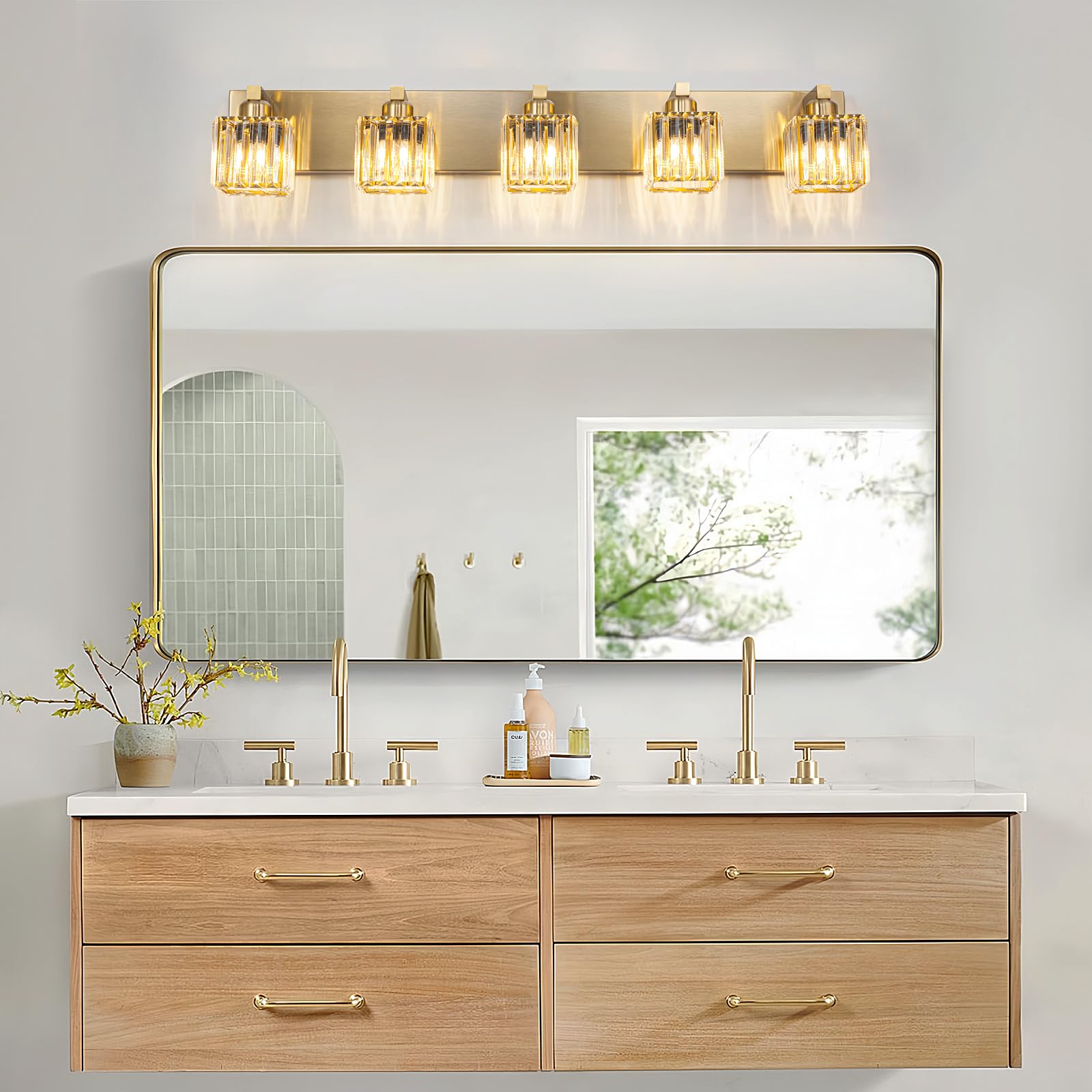 Huoku Gold Crystal Bathroom Vanity Lights, 5 Lights Bathroom Lighting Fixtures Over Mirror Modern Gold Crystal Bathroom Wall Lig