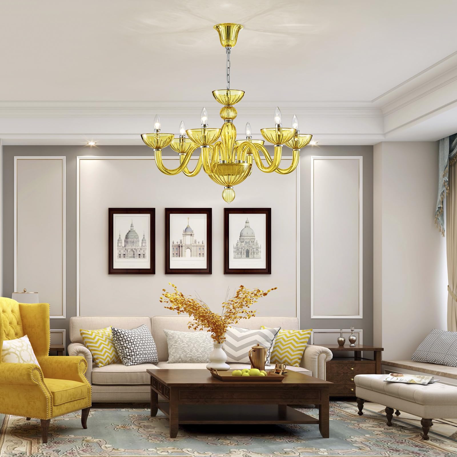 SM Saint Mossi 6-Light Crystal Chandelier, Yellowish Green, E12 Socket, D30xW30xH20, Modern Dining Room Light Fixture