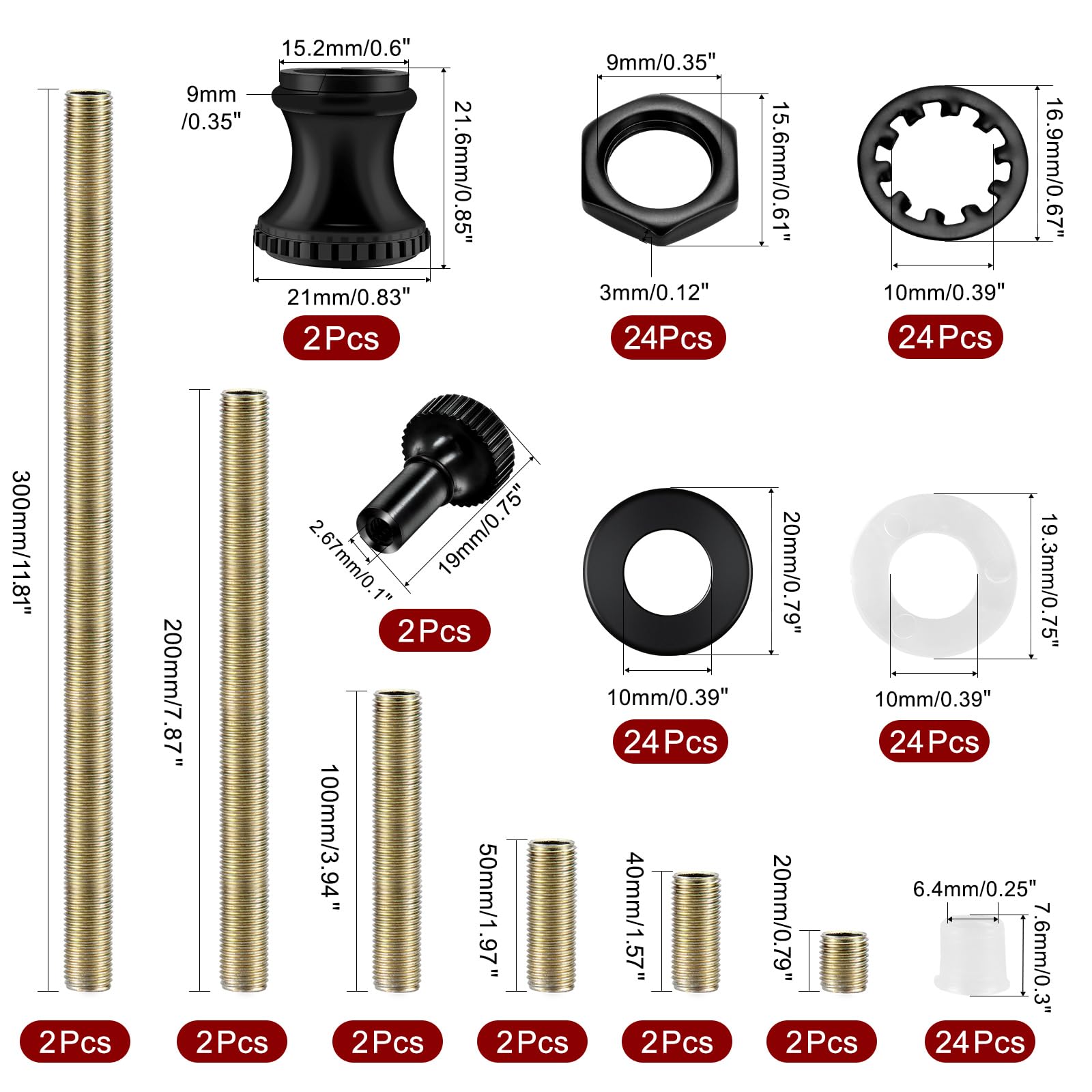 GooChan Lamp Repair Hardware Assortment - Metal, Includes 12 Inch Rod Kit, Nipples, Couplings, Knobs, Washers, Lock Nuts, Black Color