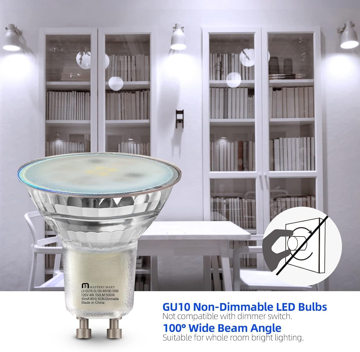 MASTERY MART GU10 LED Light Bulbs 16 Pack, 4W 5000K Daylight White, 350lm Energy Saver, Model MM-GU10-GL100-4