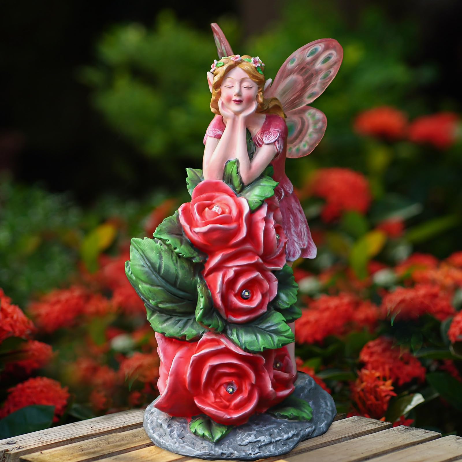 NATASE Solar Garden Outdoor Statues Cute Flower Fairy with 7 LED Solar Figurine for Lawn,Patio, Balcony, Yard Unique Housewarmin