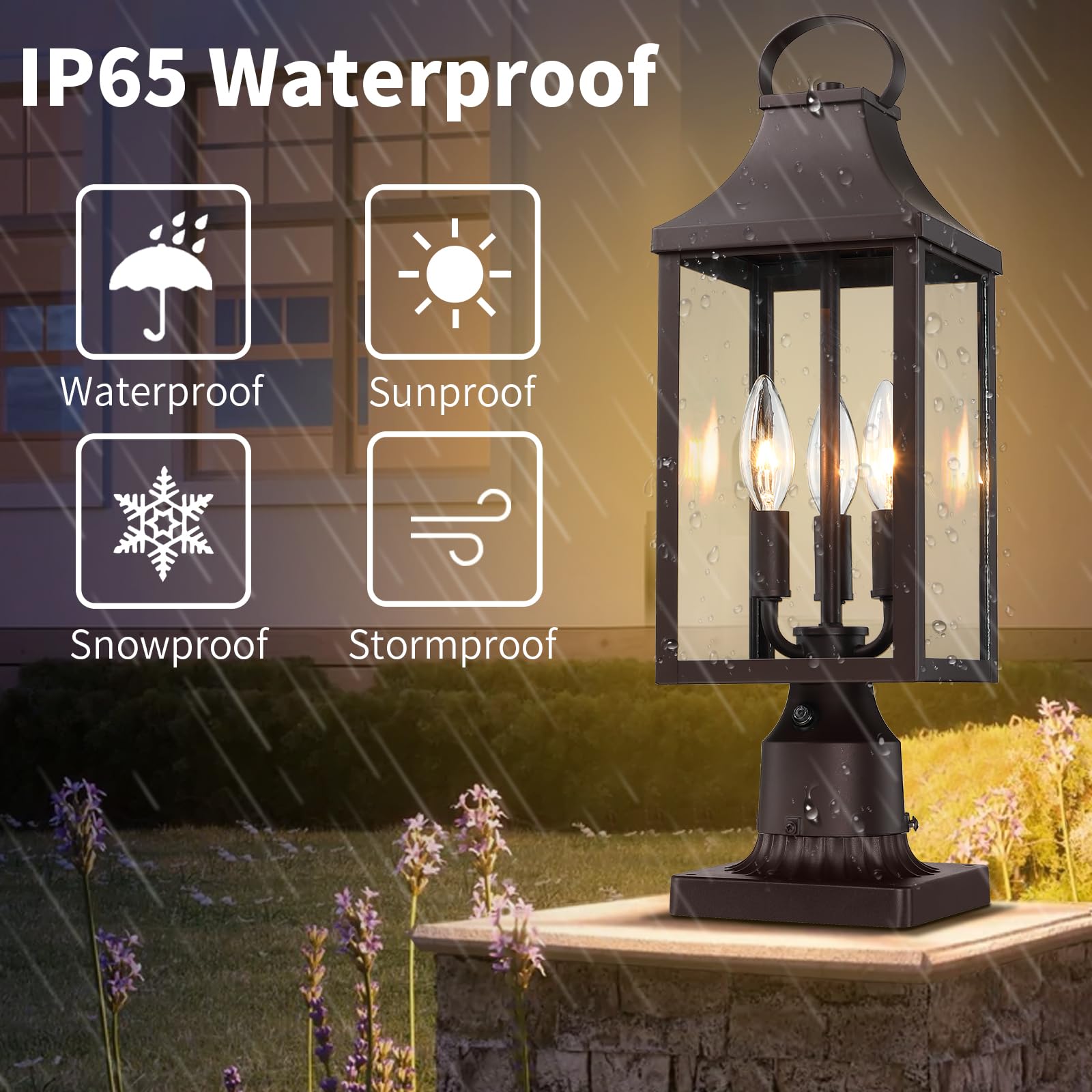 MYHXQ 3-Light Post Light Fixture, Waterproof Aluminum Outdoor Lantern, 18.62in , Brown, Model PL104A-BW, With Sensor