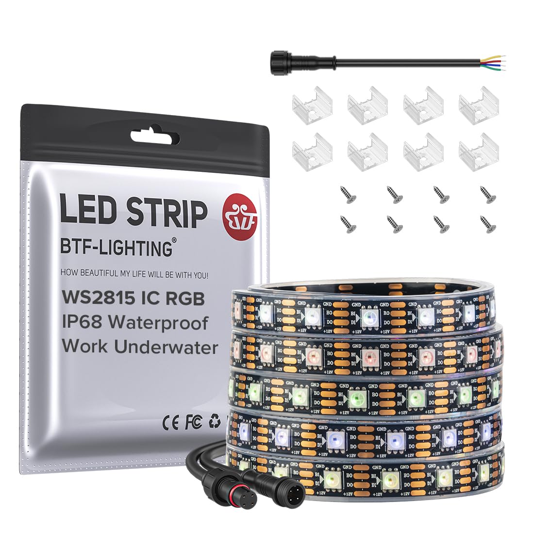 BTF-LIGHTING WS2815 RGB LED Strip 16.4ft 300LEDs IP68 Waterproof Black PCB