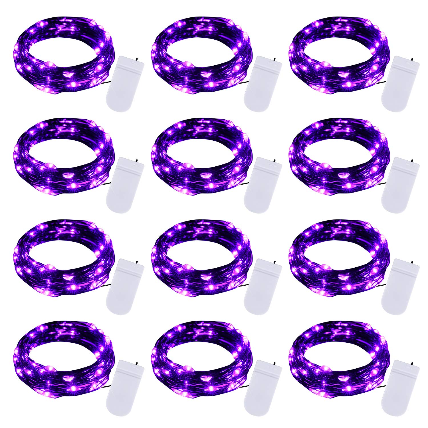 Brightown Halloween Purple Fairy String Lights, 12 Pack, 7 Ft, 20 LED, Battery Operated, Black Wire, Copper Material