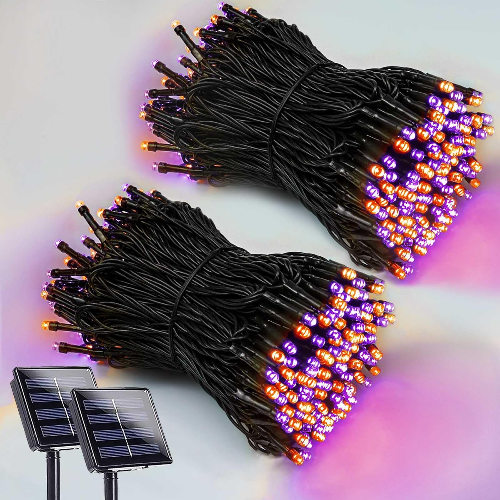 EEW 2 Pack 200 LED Solar String Lights, Waterproof Halloween Decorations, 8 Lighting Modes, Orange and Purple, Model CAIYUAN-100