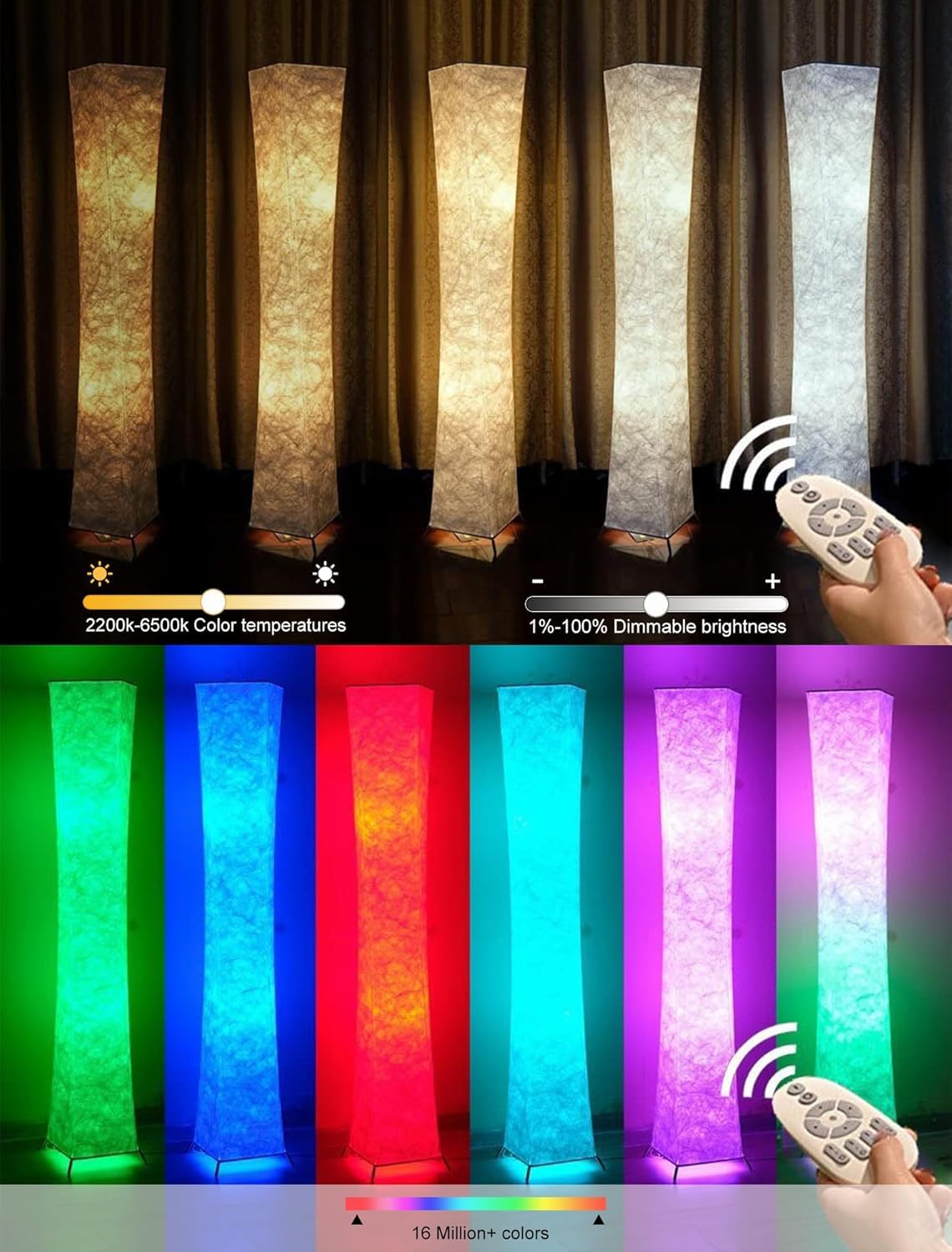 LEONC RGB+CCT Smart Floor Lamp, 65" Modern LED with Remote, 1800lm, Music Sync, 16 Million Colors, Dupont Tyvek, Model LE-SF150