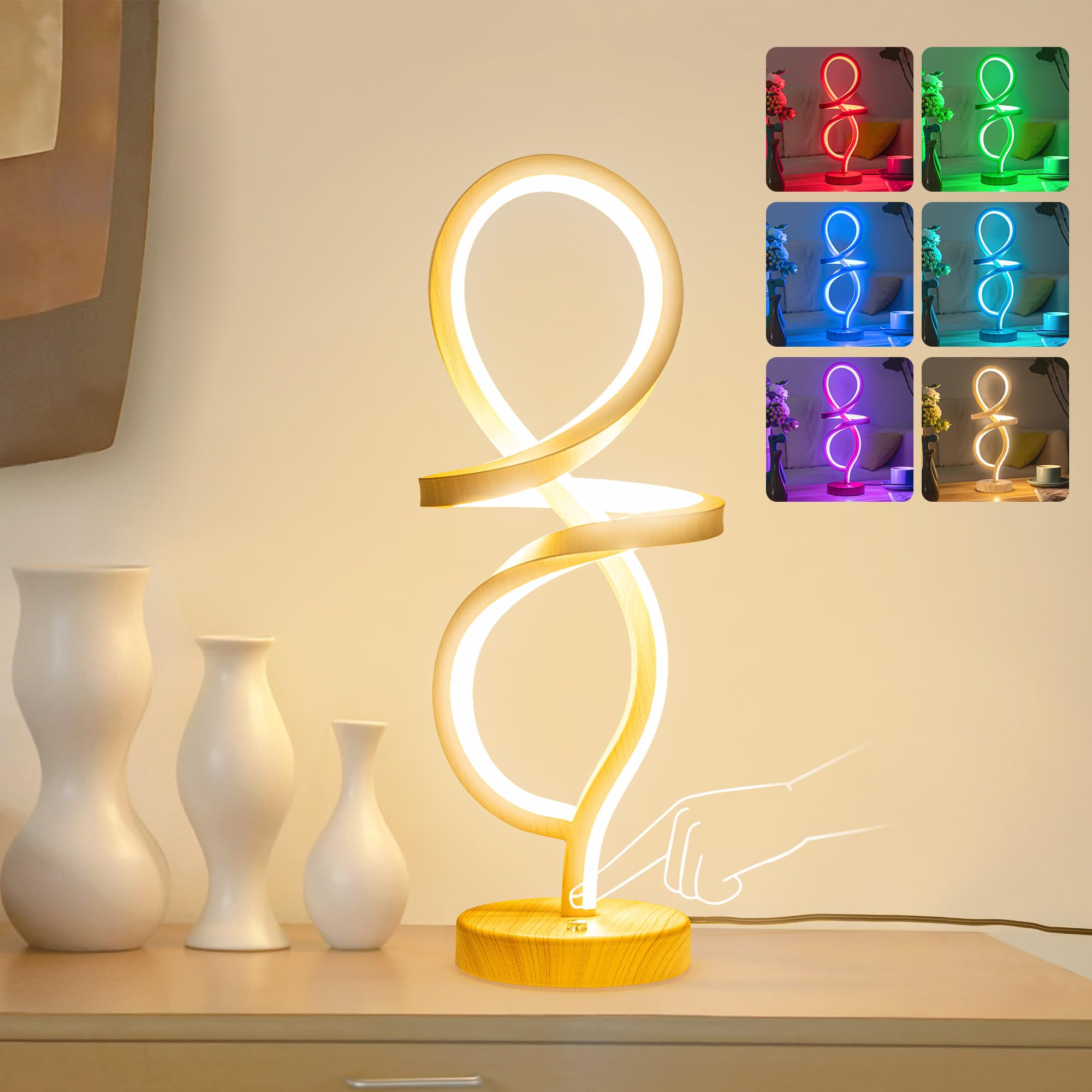 Mayful Modern Table Lamp, LED Spiral Lamp, RGB Table Lamp, Wood Grain Bedside Lamp with 7 Colors 10 Light Modes, Touch Dimmable 