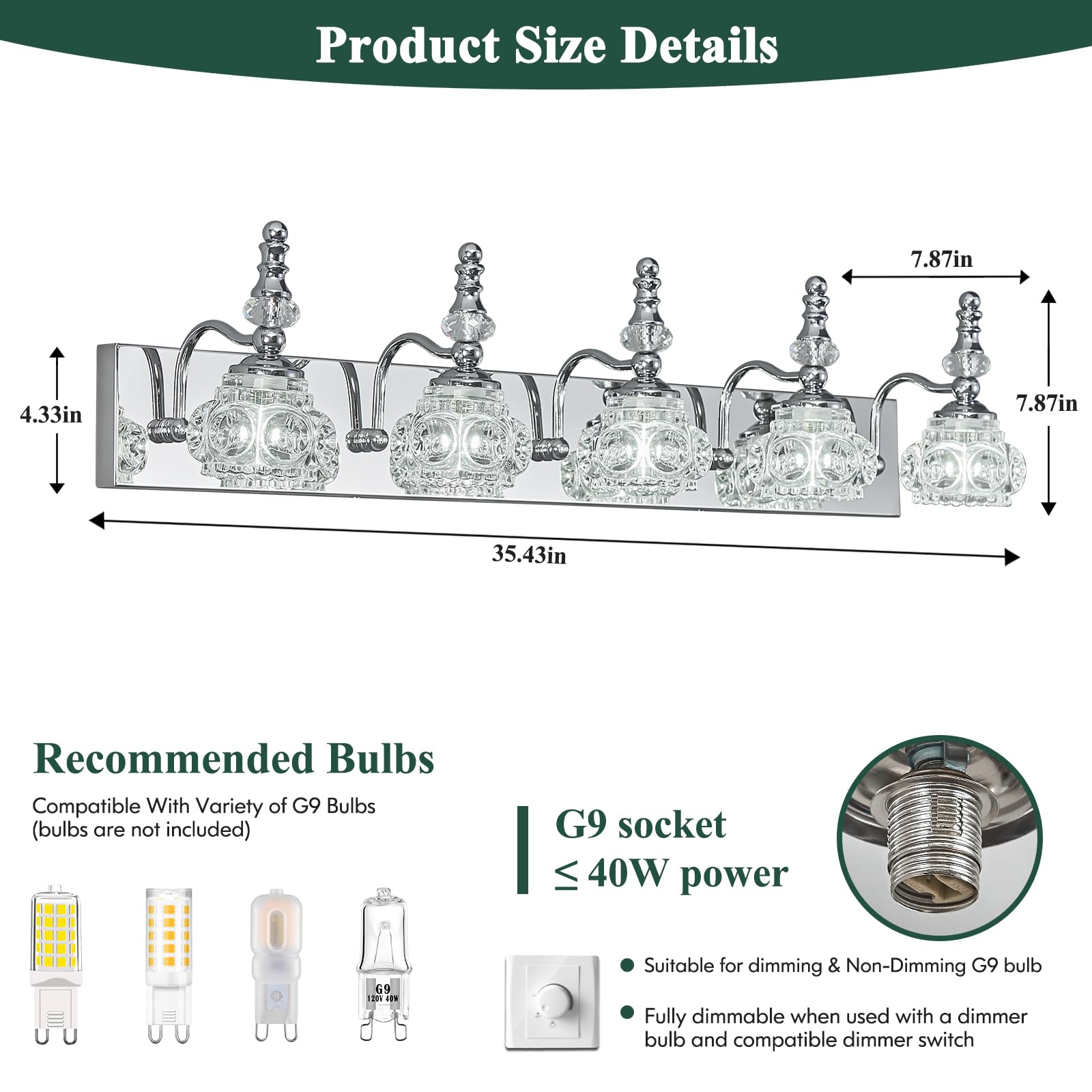 Lbsqj Modern Glass Crystal Vanity Light - Vintage Bathroom Lighting Fixtures Over Mirror  5 Light Vanity Lights  G9 Bulb (35.43 Inch  Chrome)