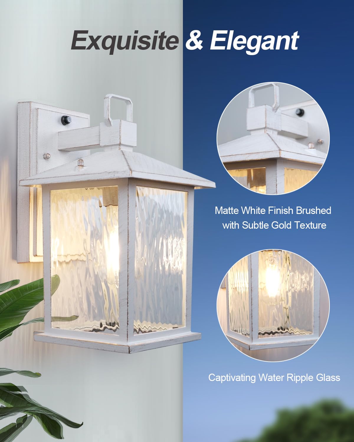 Zillsea Dusk To Dawn Outdoor Porch Light, Distressed White Exterior Lighting Fixture With Water Ripple Glass, Rustproof Waterpro