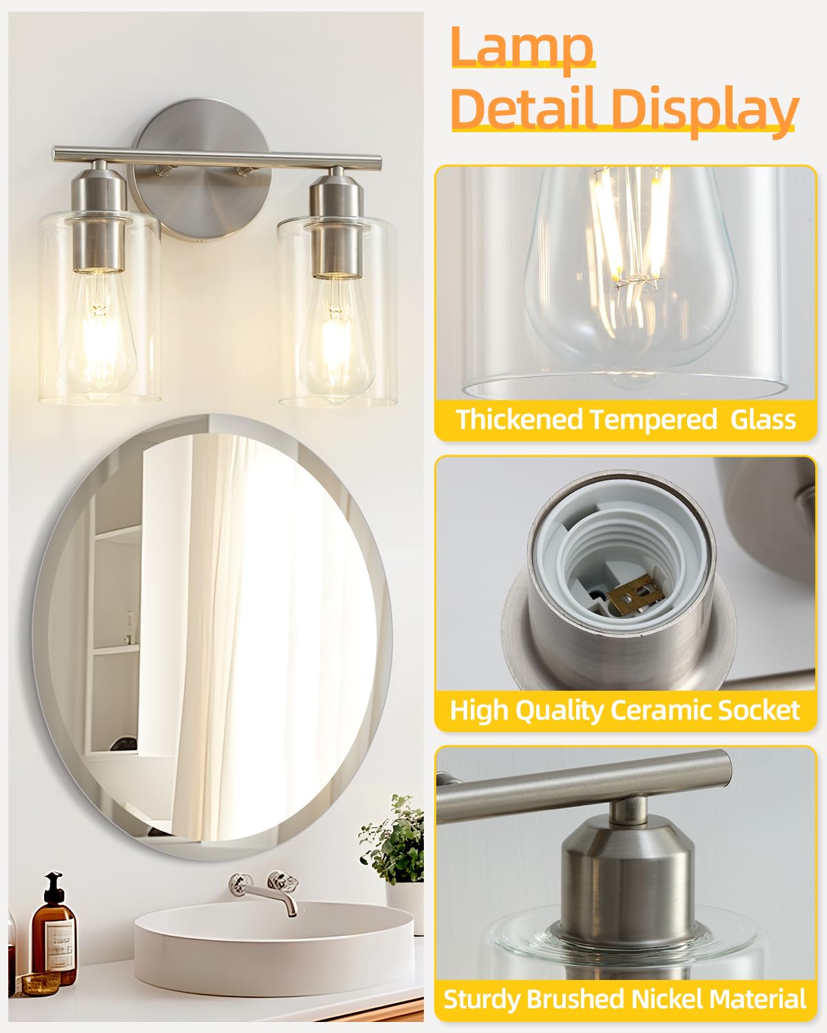 Seable 2-Light Brushed Nickel Bathroom Vanity Lights, Modern Wall Sconce With Clear Glass Shade