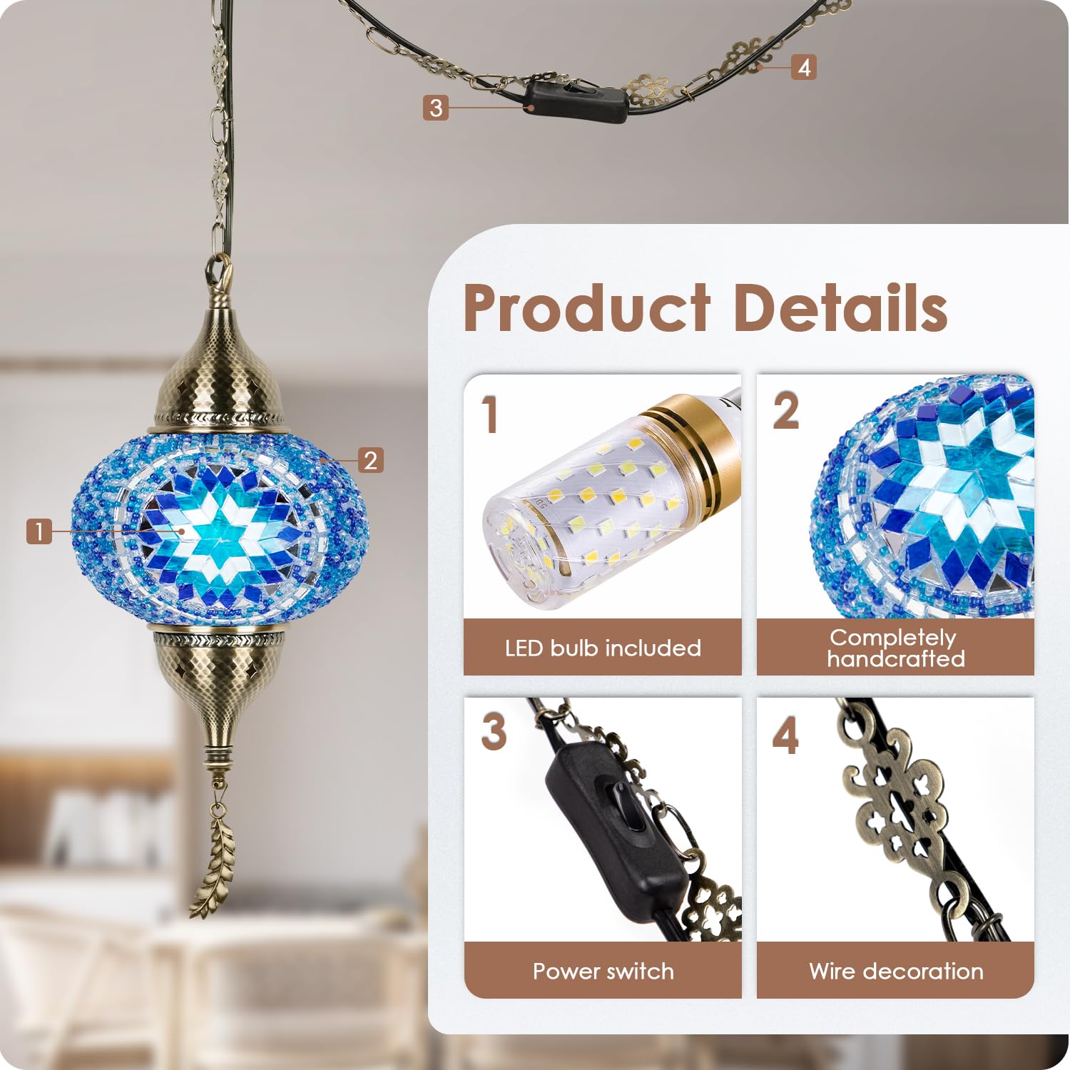 Yarra-Decor Moroccan Pendant Light - Tiffany Style Mosaic Ceiling Lamp With 15-Foot Cord, Blue2