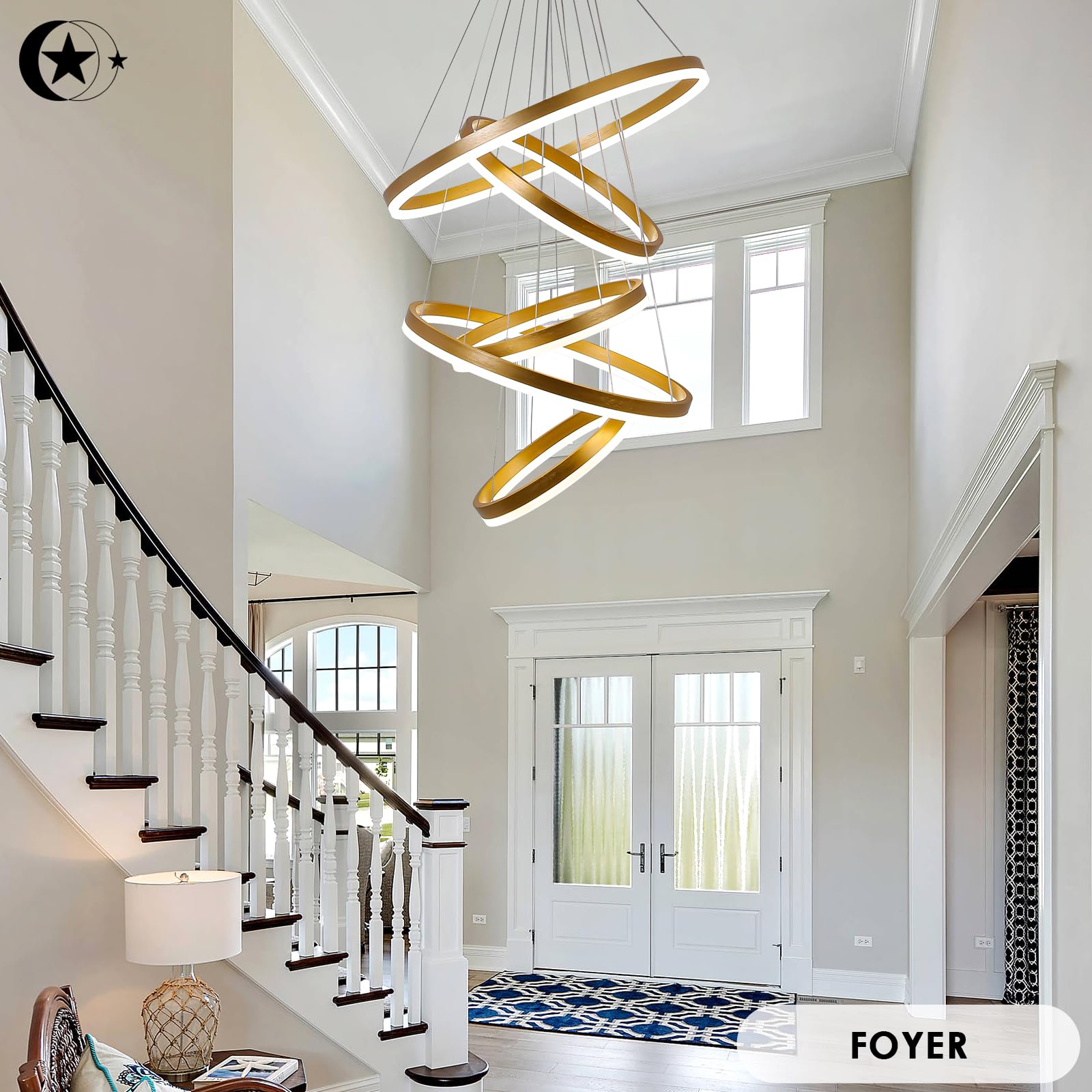 Xgzl  Lighting 5-Rings Modern Led Chandelier Gold Dimmable Chandeliers For Dining Room, High Ceiling Chandelier With Remote Cont