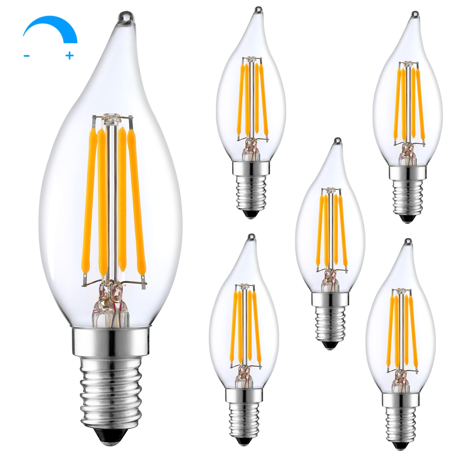 Loniuto Led Light Bulbs 60 Watt Equivalent, 6 Pack Vintage Led Flame Tip Candelabra Bulb, E12 Led Bulb Dimmable 4000K Daylight, 