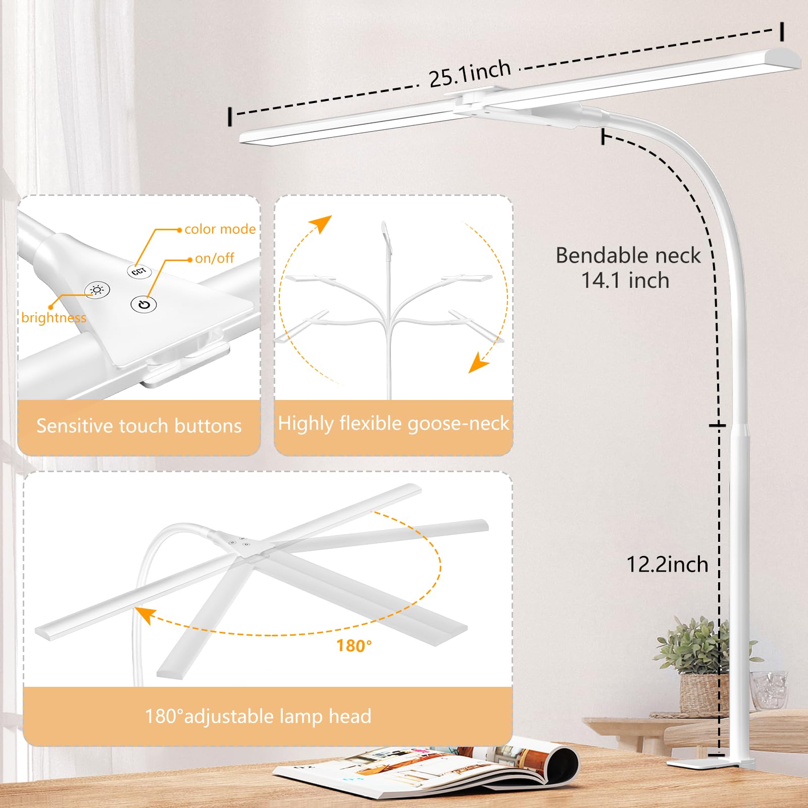 EppieBasic LED Desk Lamp, Double Head Architect Light, 1200LM, Eye Protection, White, Aluminum