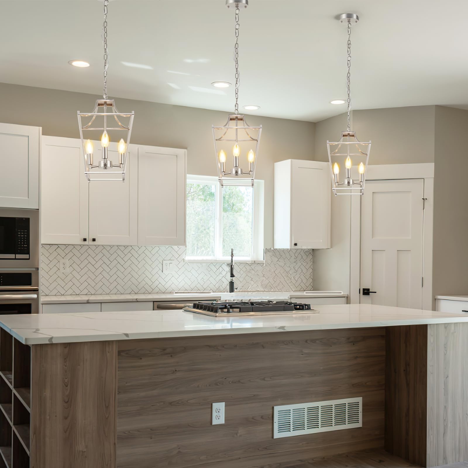 Foucasal Lantern Pendant Light Brushed Nickel Pendant Light Fixtures 3-Light Lantern Light Fixture, 9.4'' Adjustable Hanging Pen